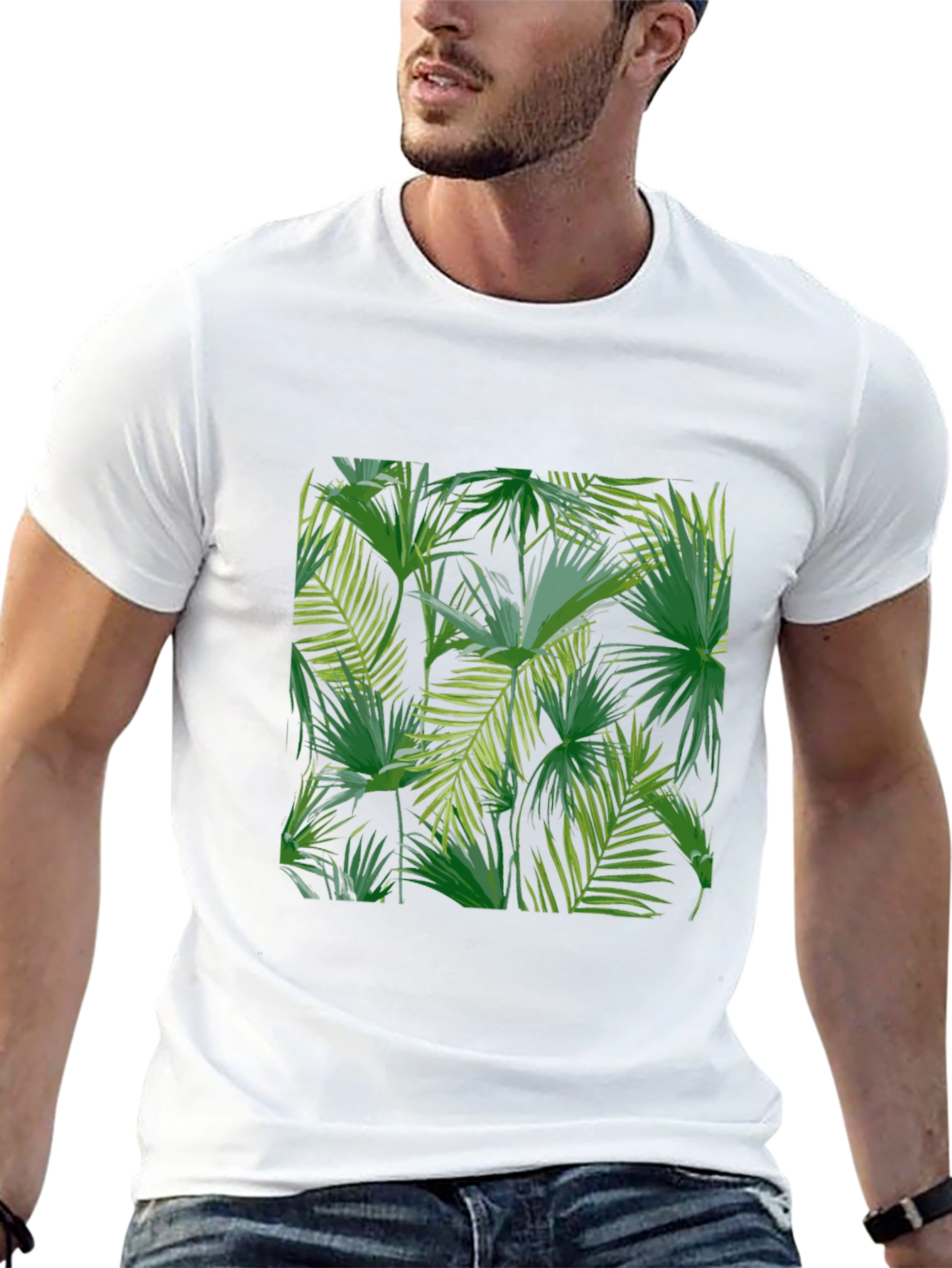 Tropical Leaf Print Black T-Shirt