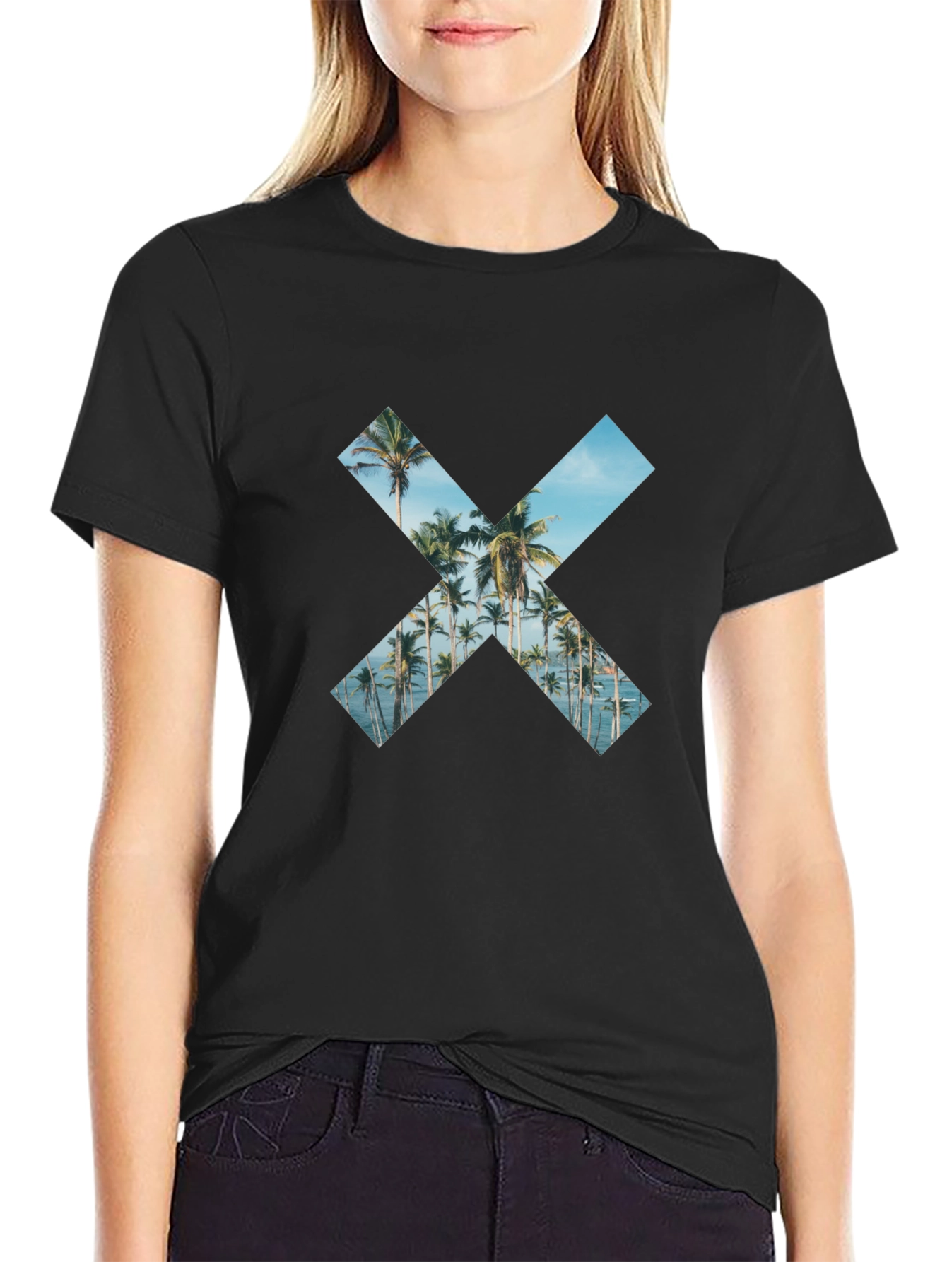 Tropical Beach Palm Tree X Print Black T-Shirt