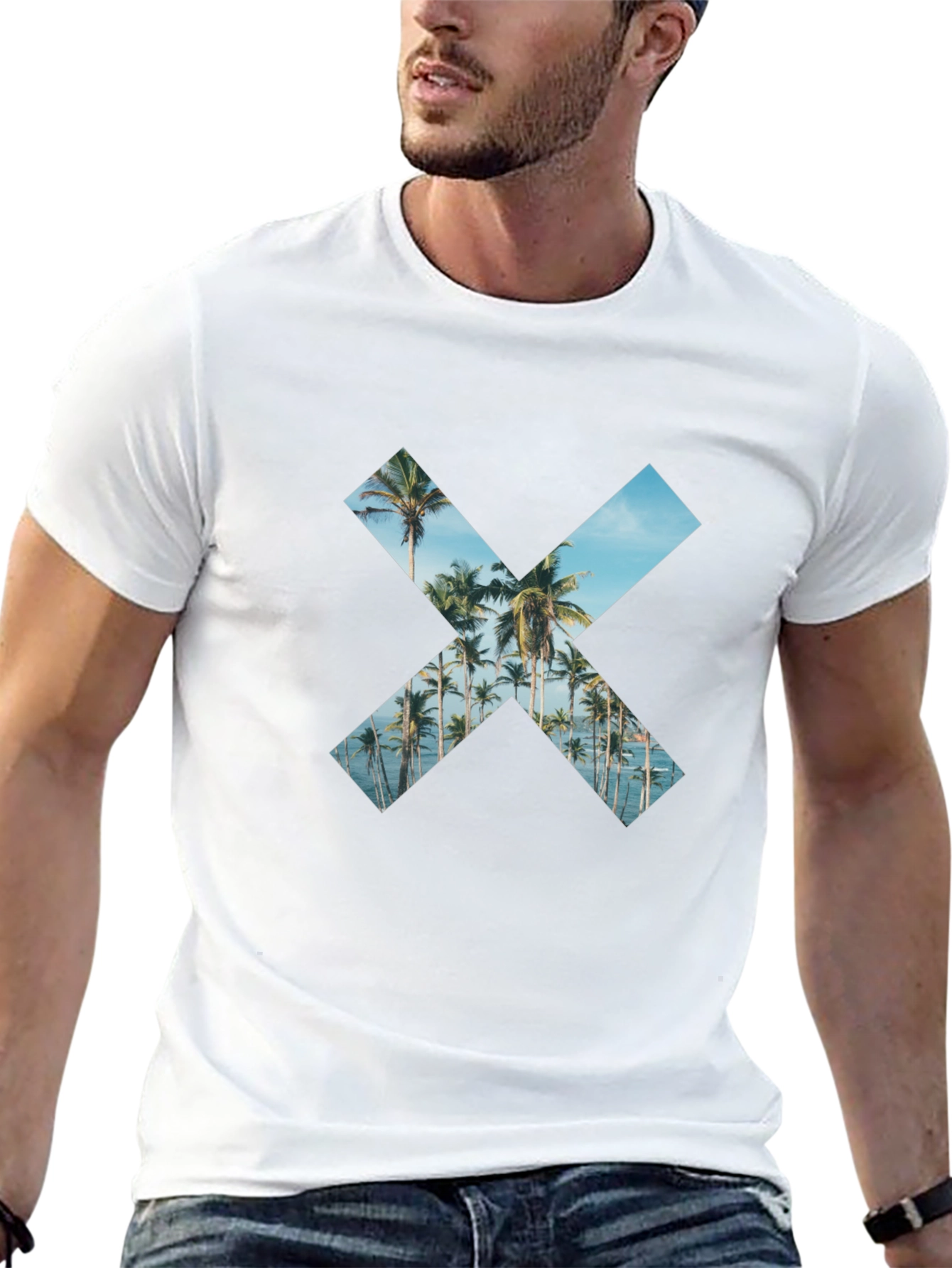 Tropical Beach Palm Tree X Print Black T-Shirt
