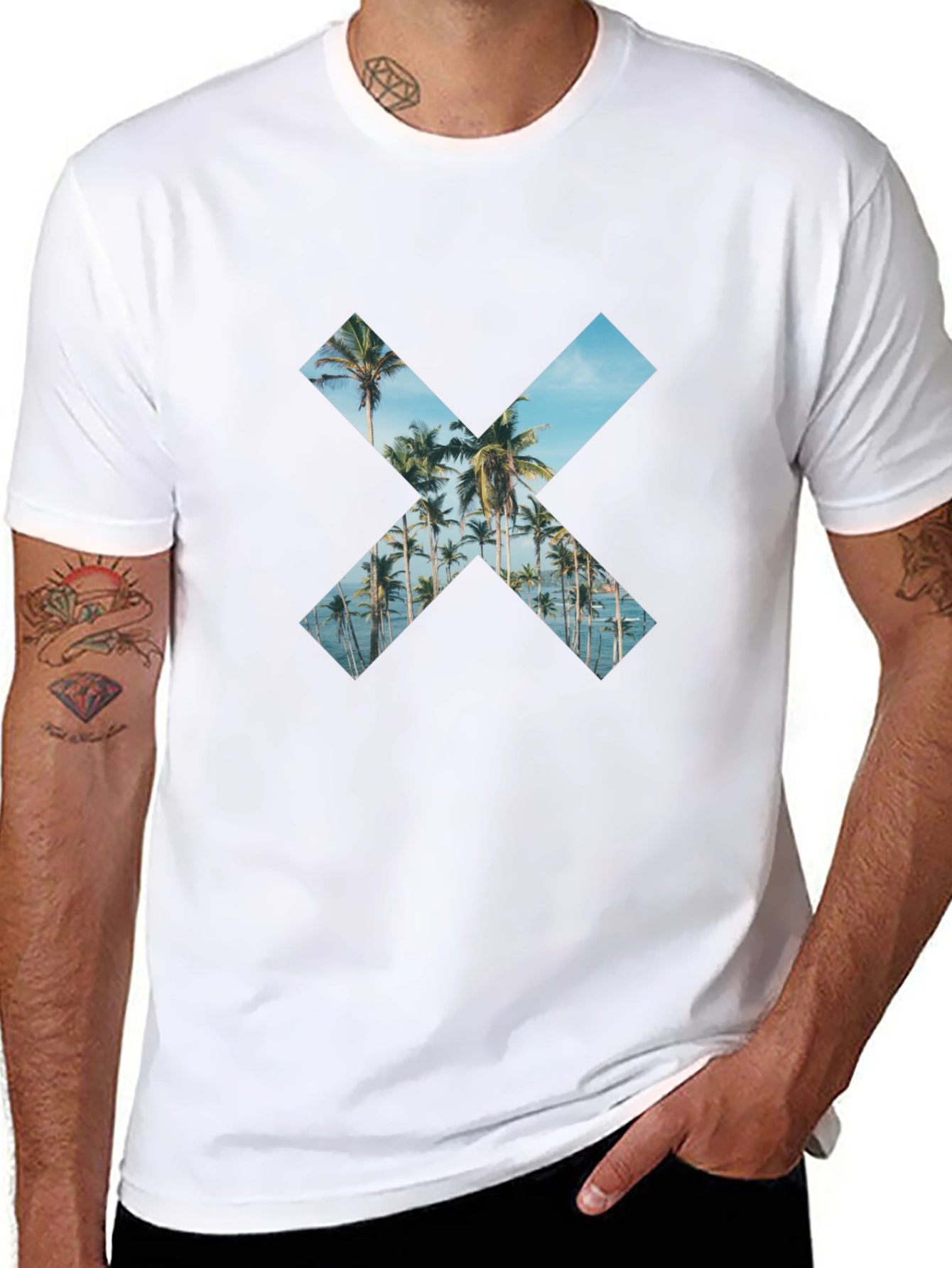 Tropical Beach Palm Tree X Print Black T-Shirt
