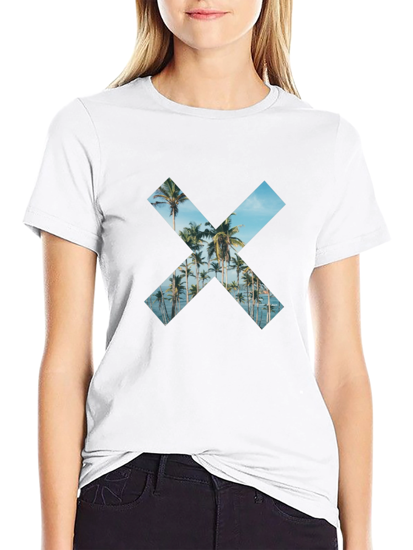 Tropical Beach Palm Tree X Print Black T-Shirt