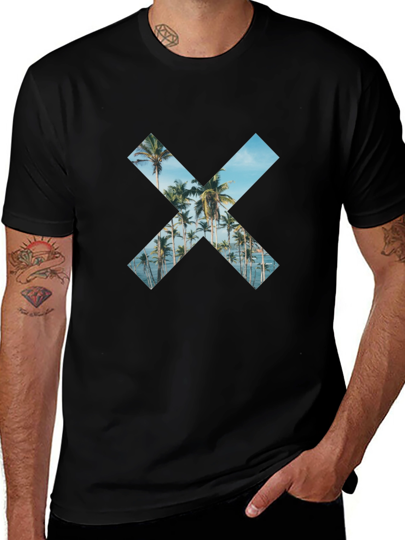 Tropical Beach Palm Tree X Print Black T-Shirt