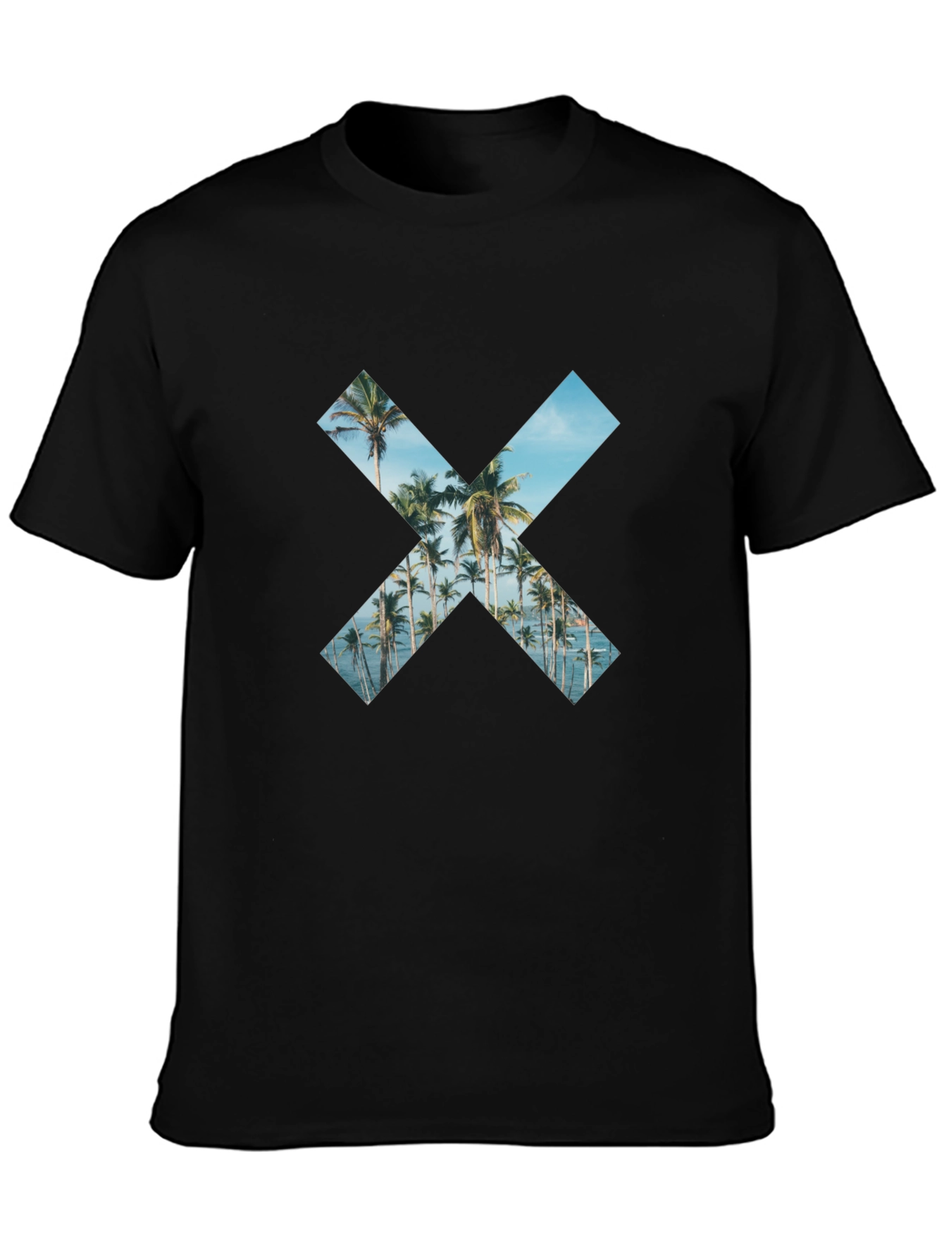 Tropical Beach Palm Tree X Print Black T-Shirt