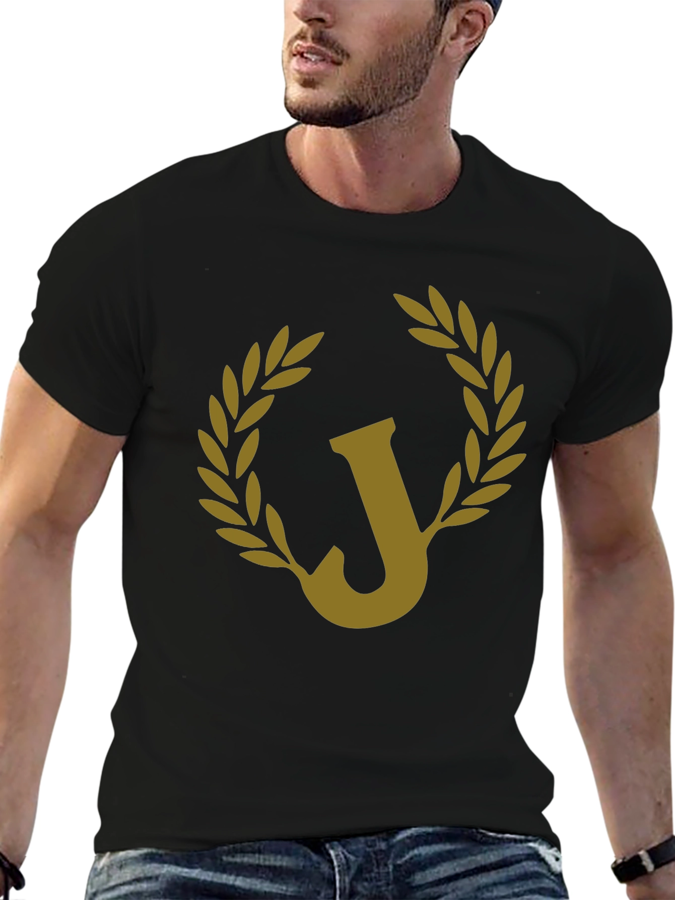 Letter J Laurel Wreath Black Graphic Tee