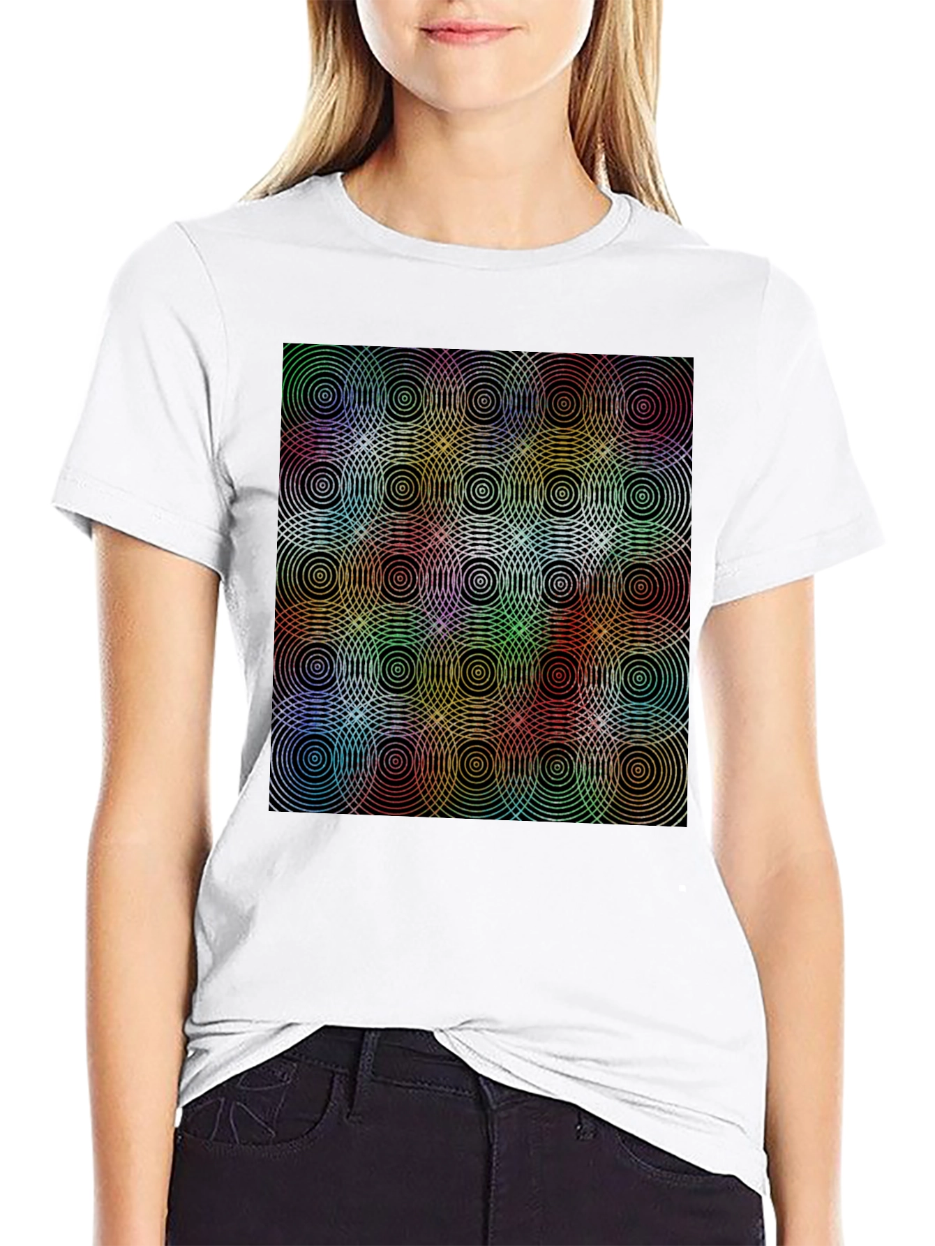 Rainbow Concentric Circle Pattern Black T-Shirt