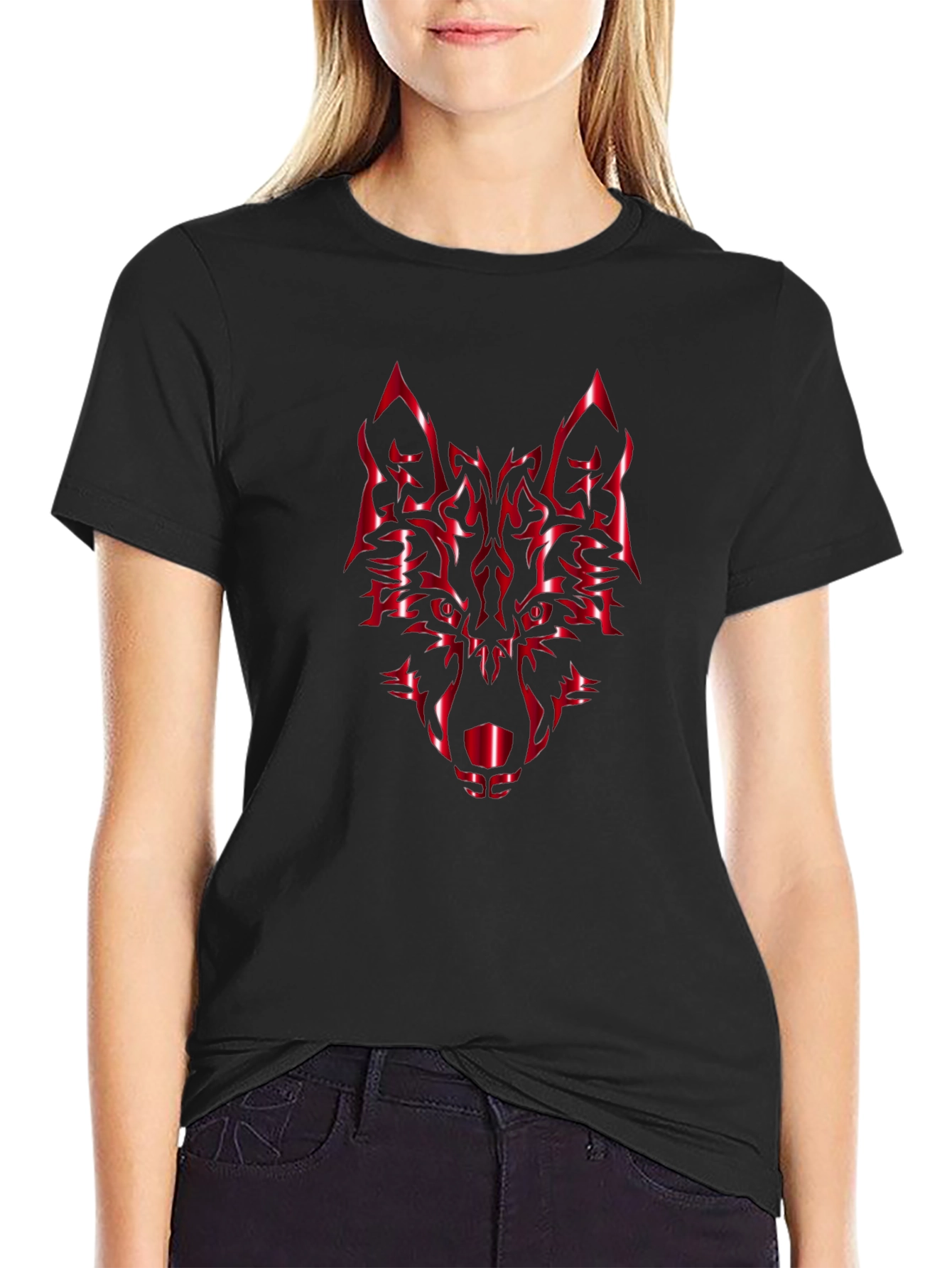 Bold Black Tee with Red Wolf Graphic