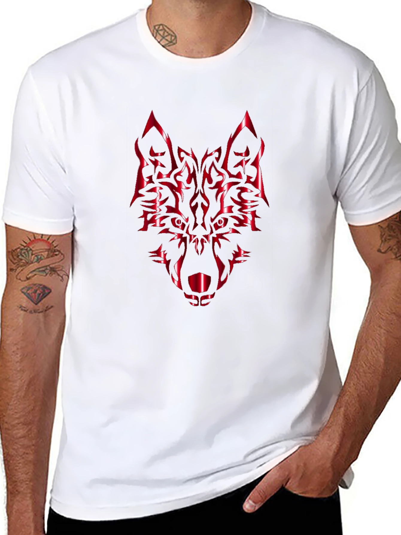 Bold Black Tee with Red Wolf Graphic