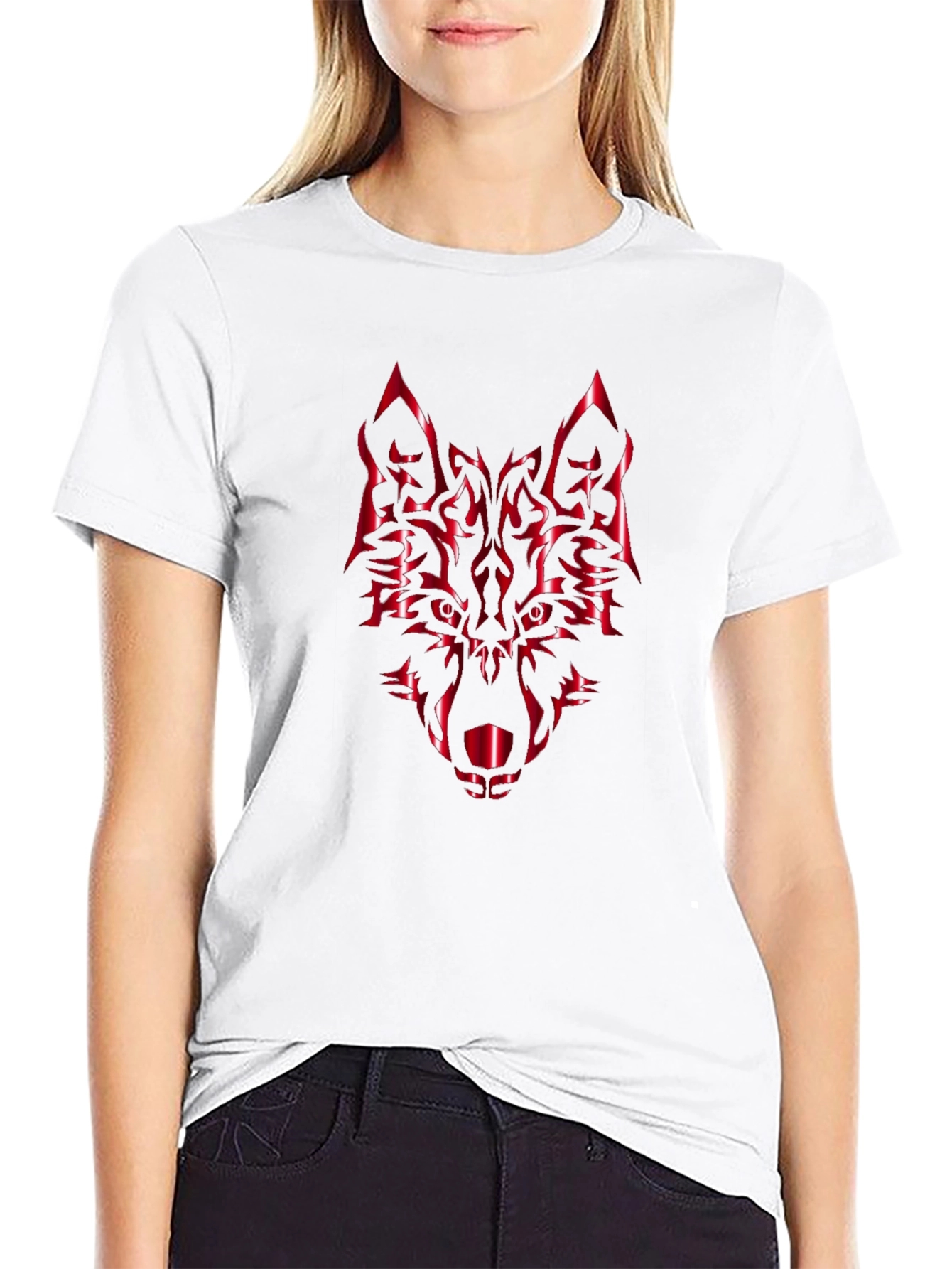 Bold Black Tee with Red Wolf Graphic