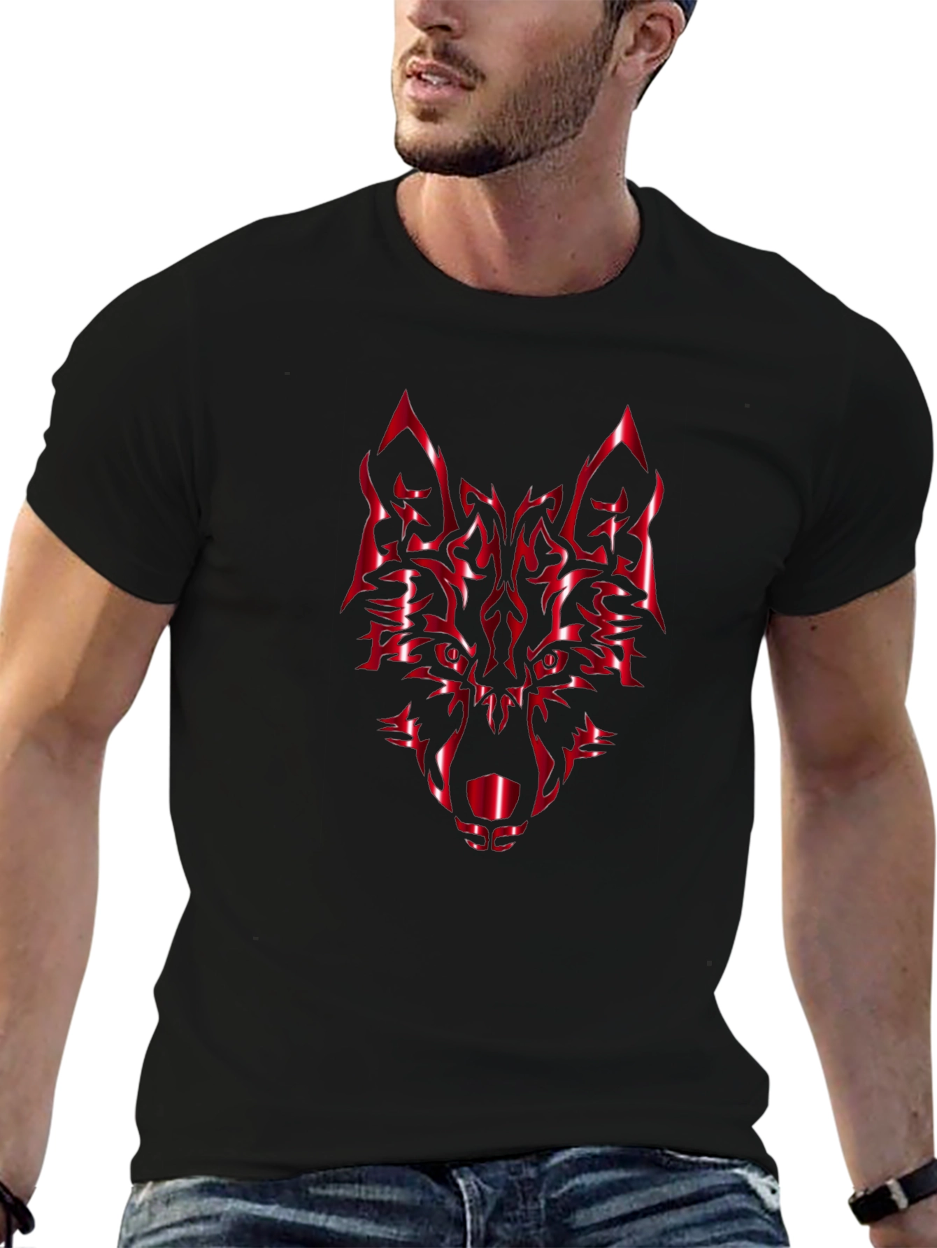 Bold Black Tee with Red Wolf Graphic