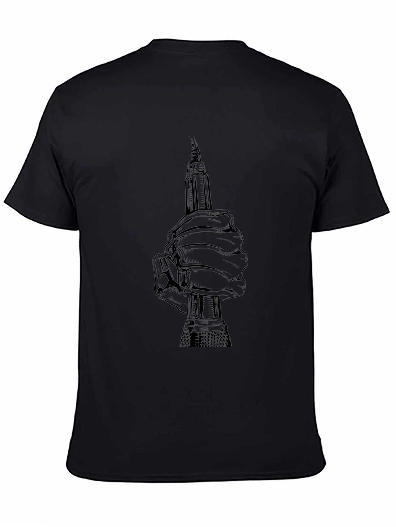 Graphic Print Hand Holding Tool Black T-Shirt
