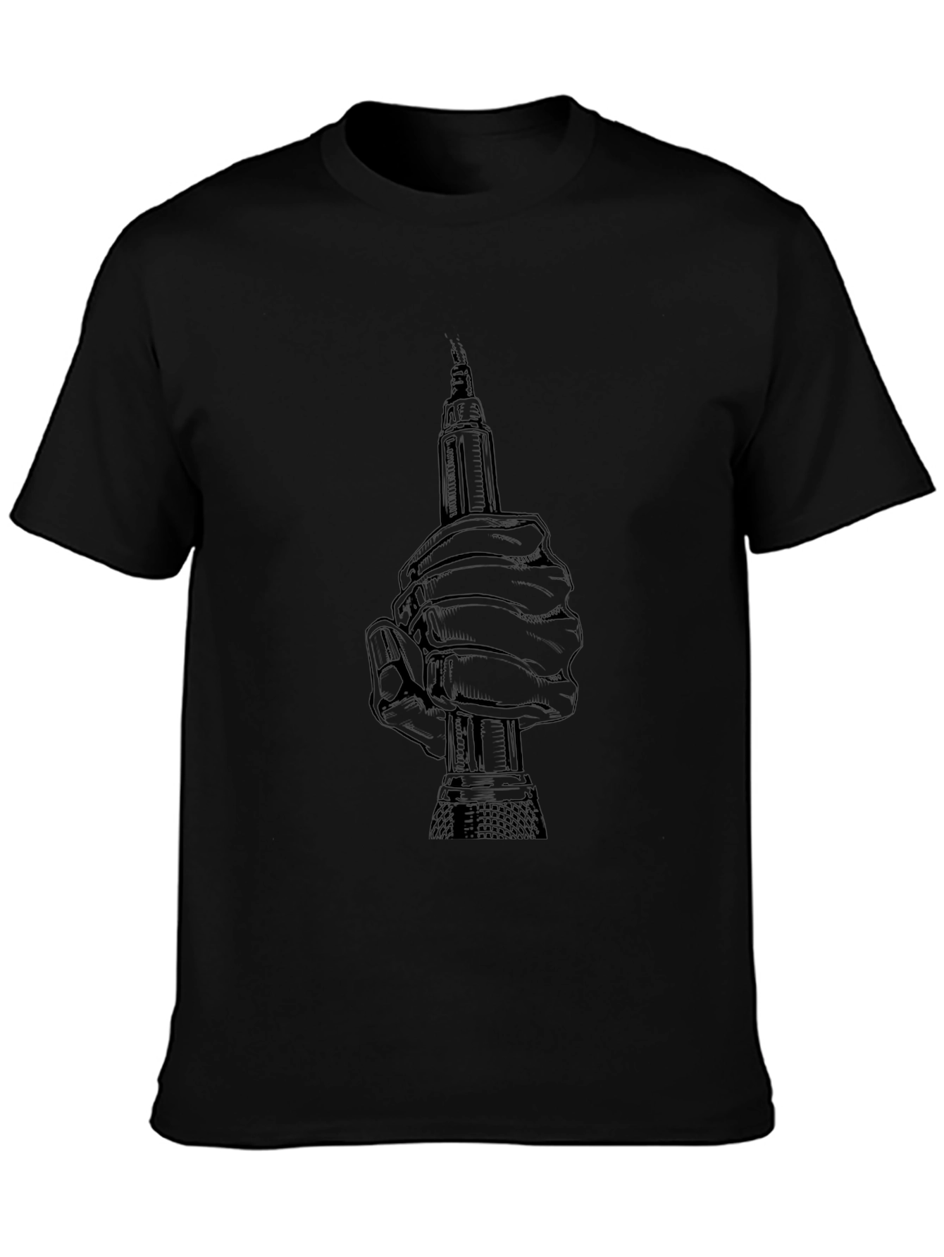 Graphic Print Hand Holding Tool Black T-Shirt