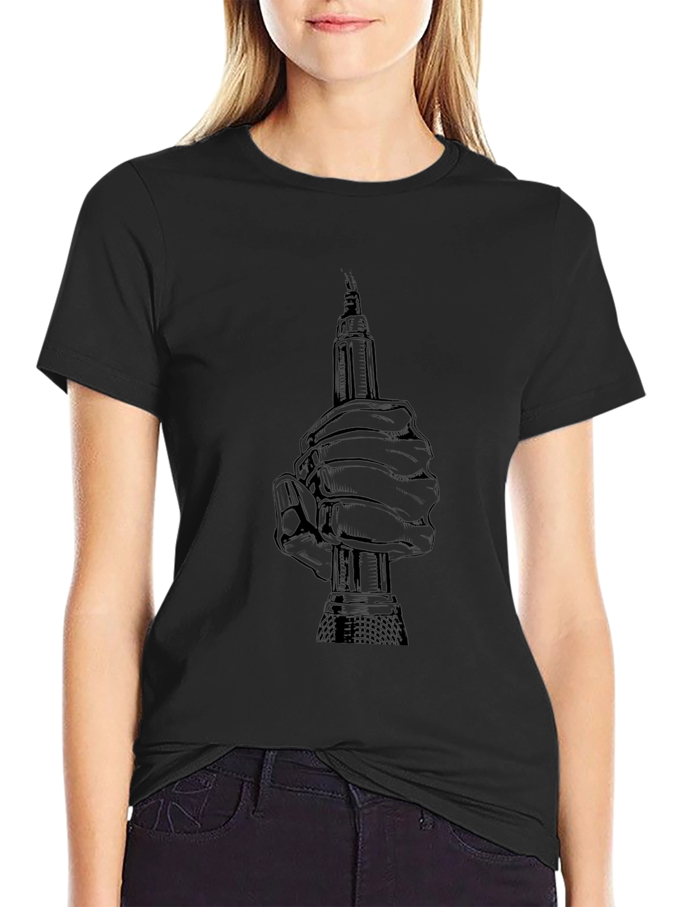 Graphic Print Hand Holding Tool Black T-Shirt