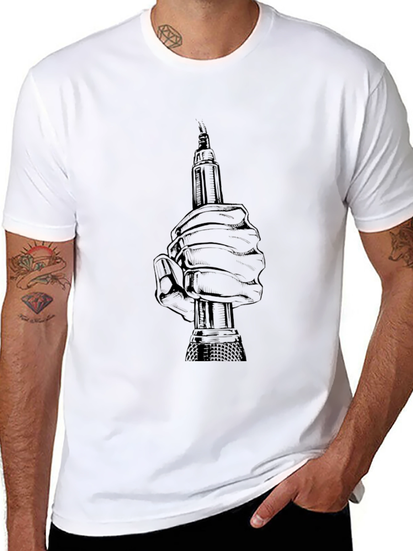 Graphic Print Hand Holding Tool Black T-Shirt