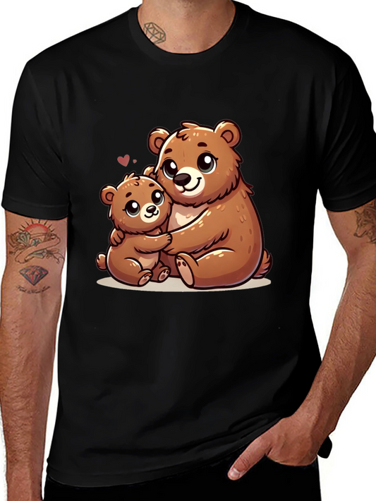 Cute Bear Hug Graphic Tee - Black Cotton Shirt