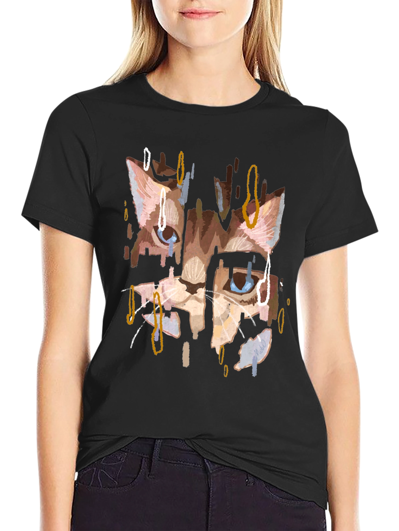 Abstract Cat Print Black T-Shirt