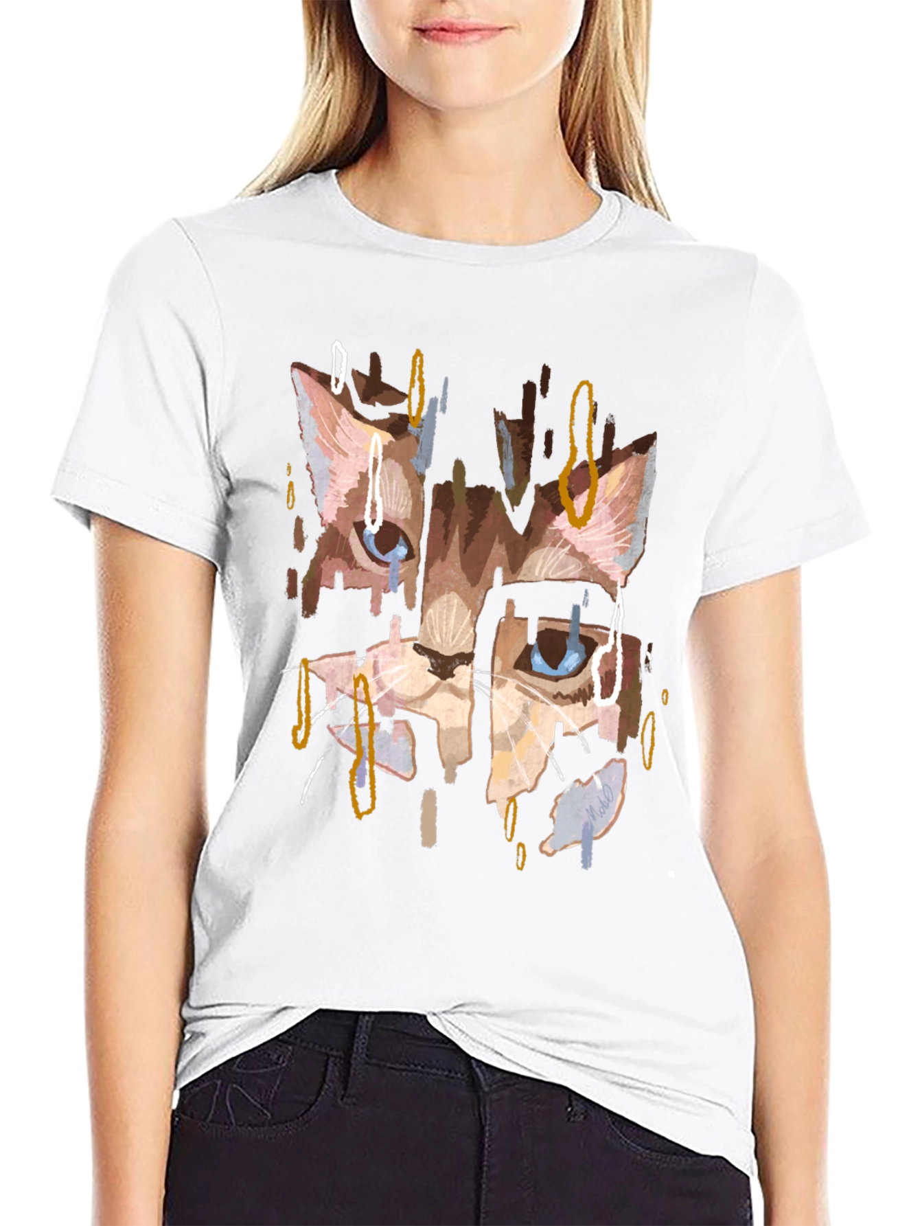 Abstract Cat Print Black T-Shirt