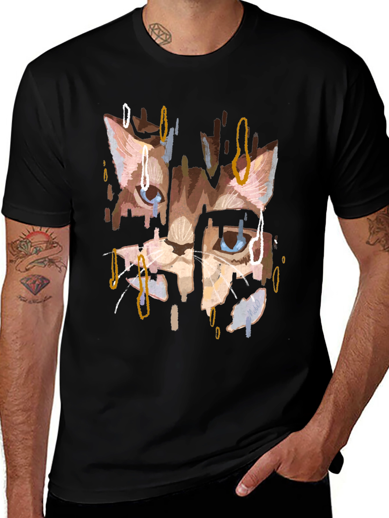 Abstract Cat Print Black T-Shirt