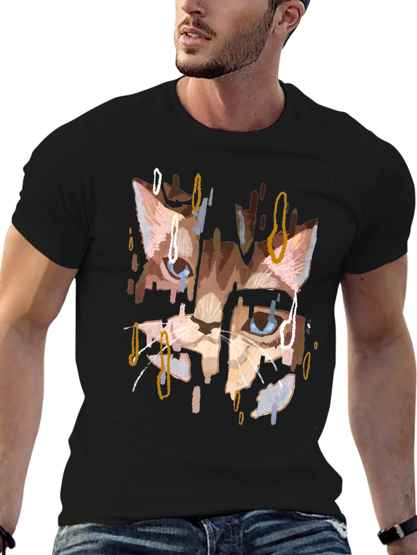 Abstract Cat Print Black T-Shirt
