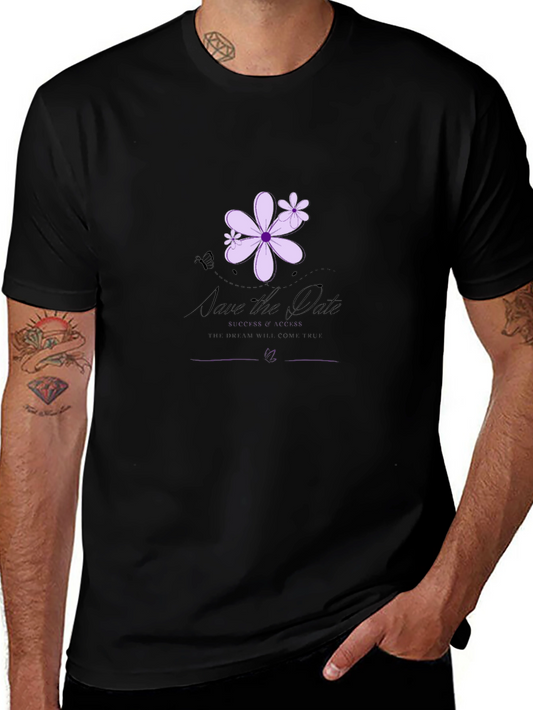 Elegant Black T-Shirt with Floral Save-the-Date Design