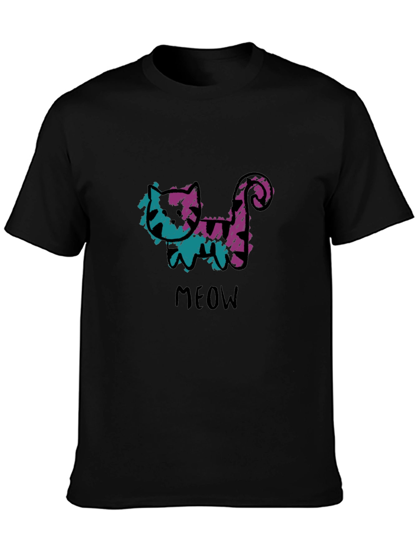 Whimsical Cat Meow Graphic Black T-Shirt