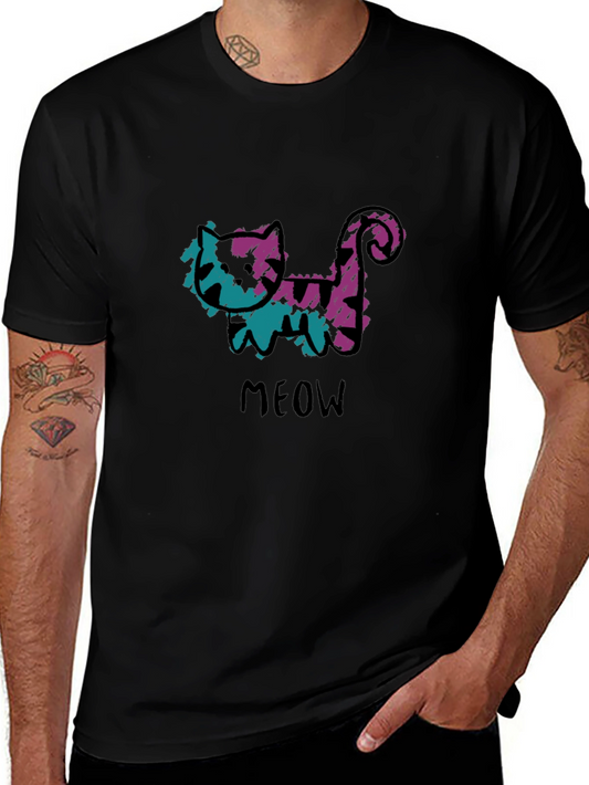 Whimsical Cat Meow Graphic Black T-Shirt