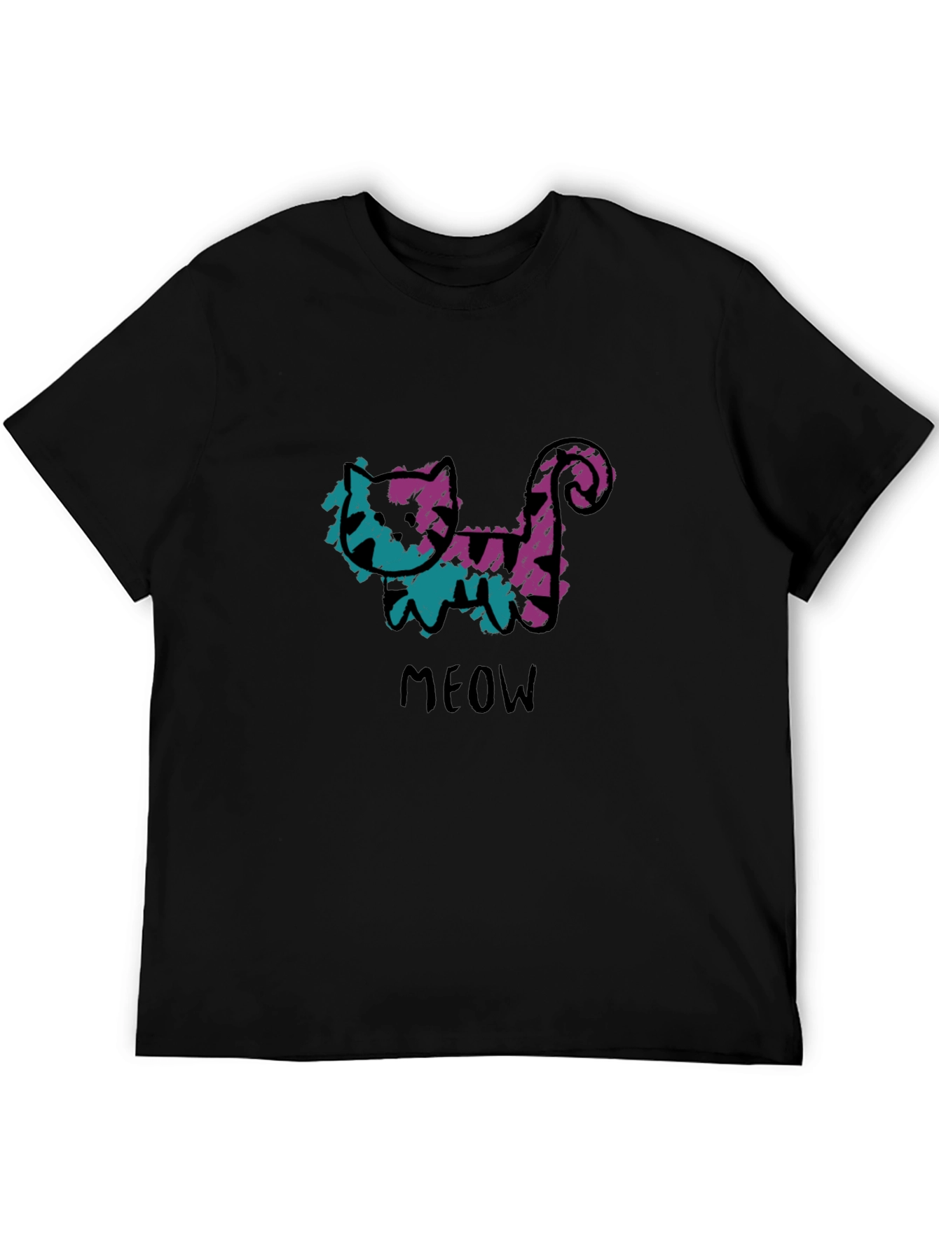 Whimsical Cat Meow Graphic Black T-Shirt