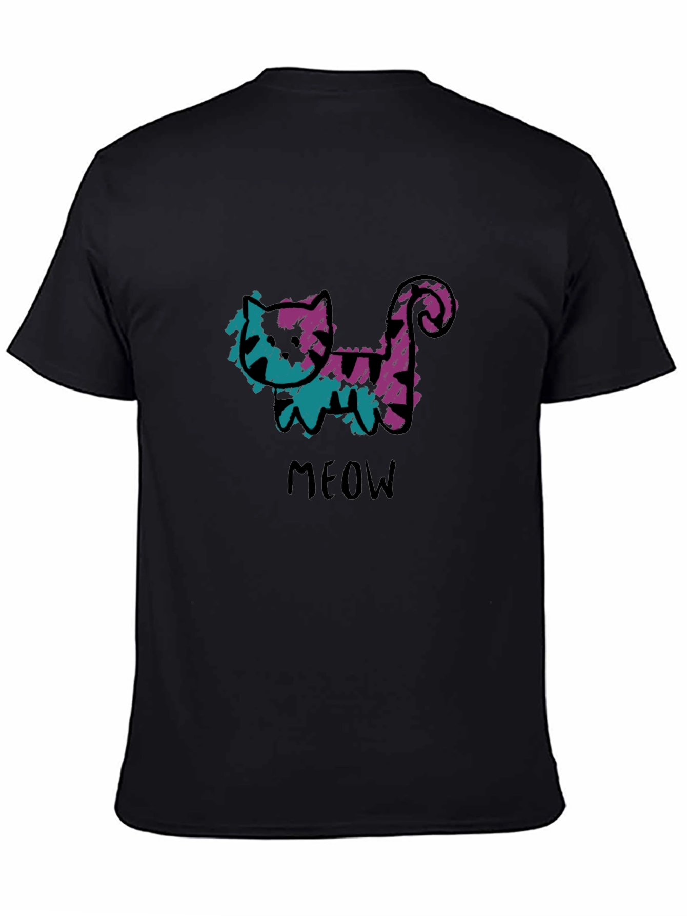 Whimsical Cat Meow Graphic Black T-Shirt