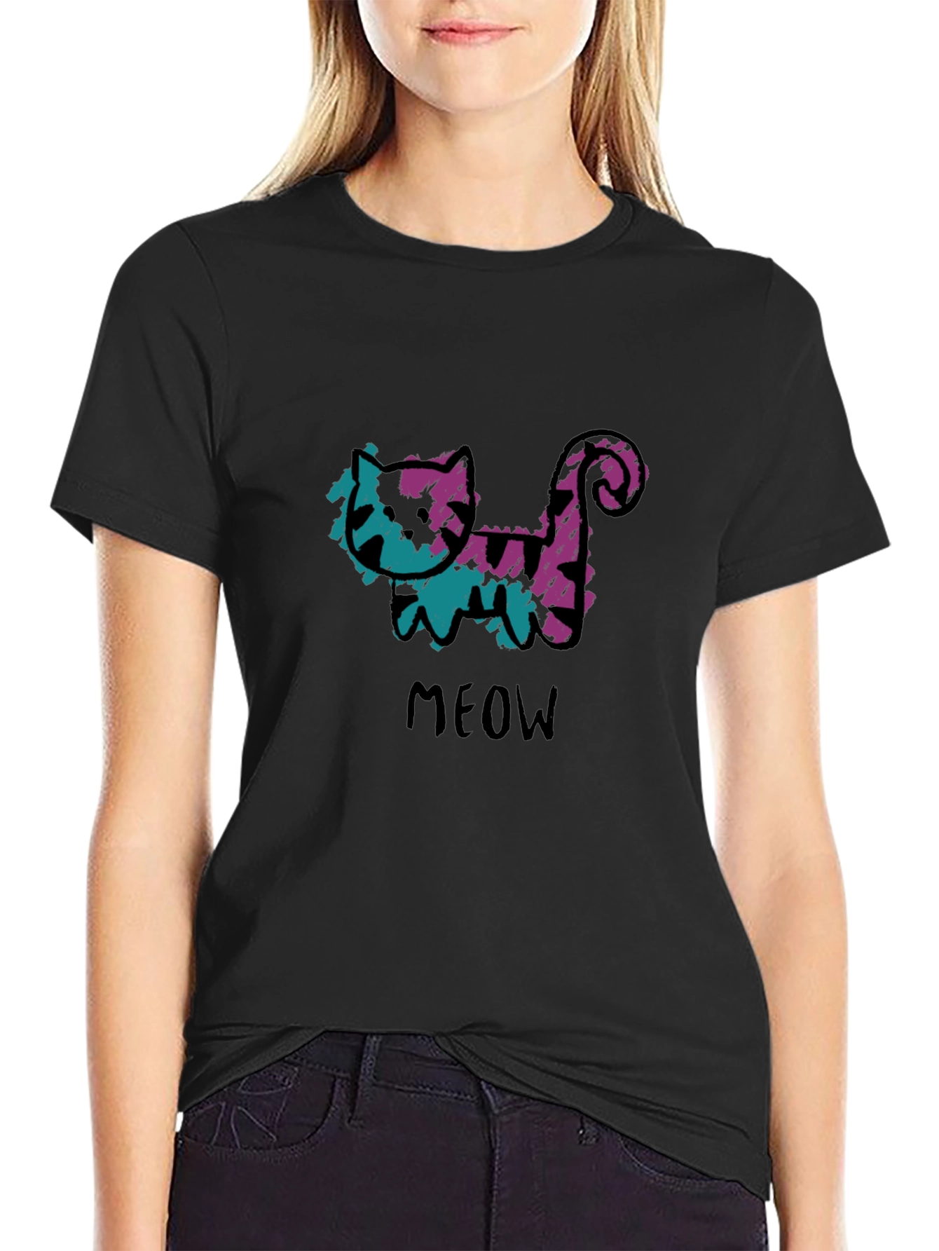 Whimsical Cat Meow Graphic Black T-Shirt
