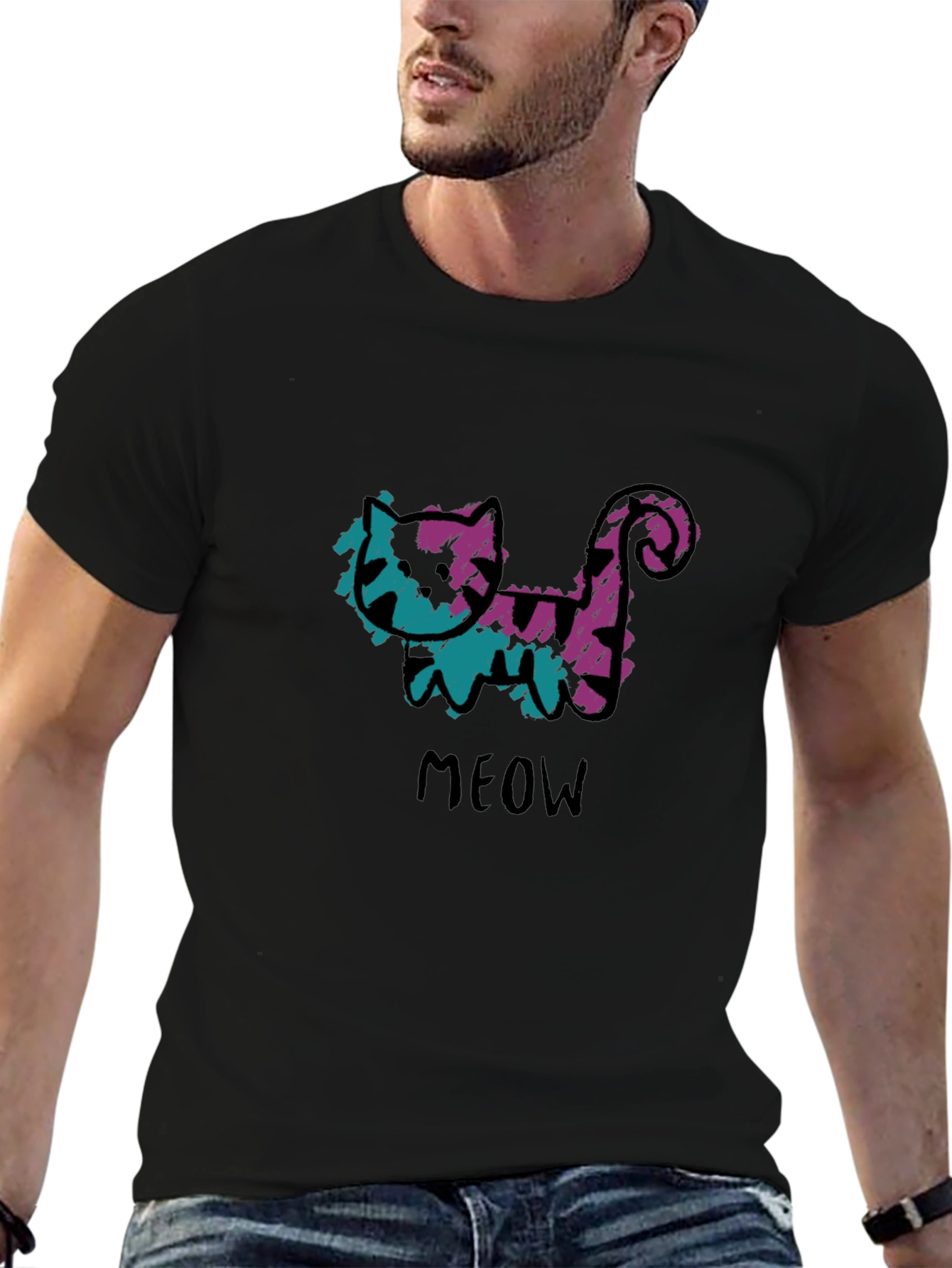 Whimsical Cat Meow Graphic Black T-Shirt
