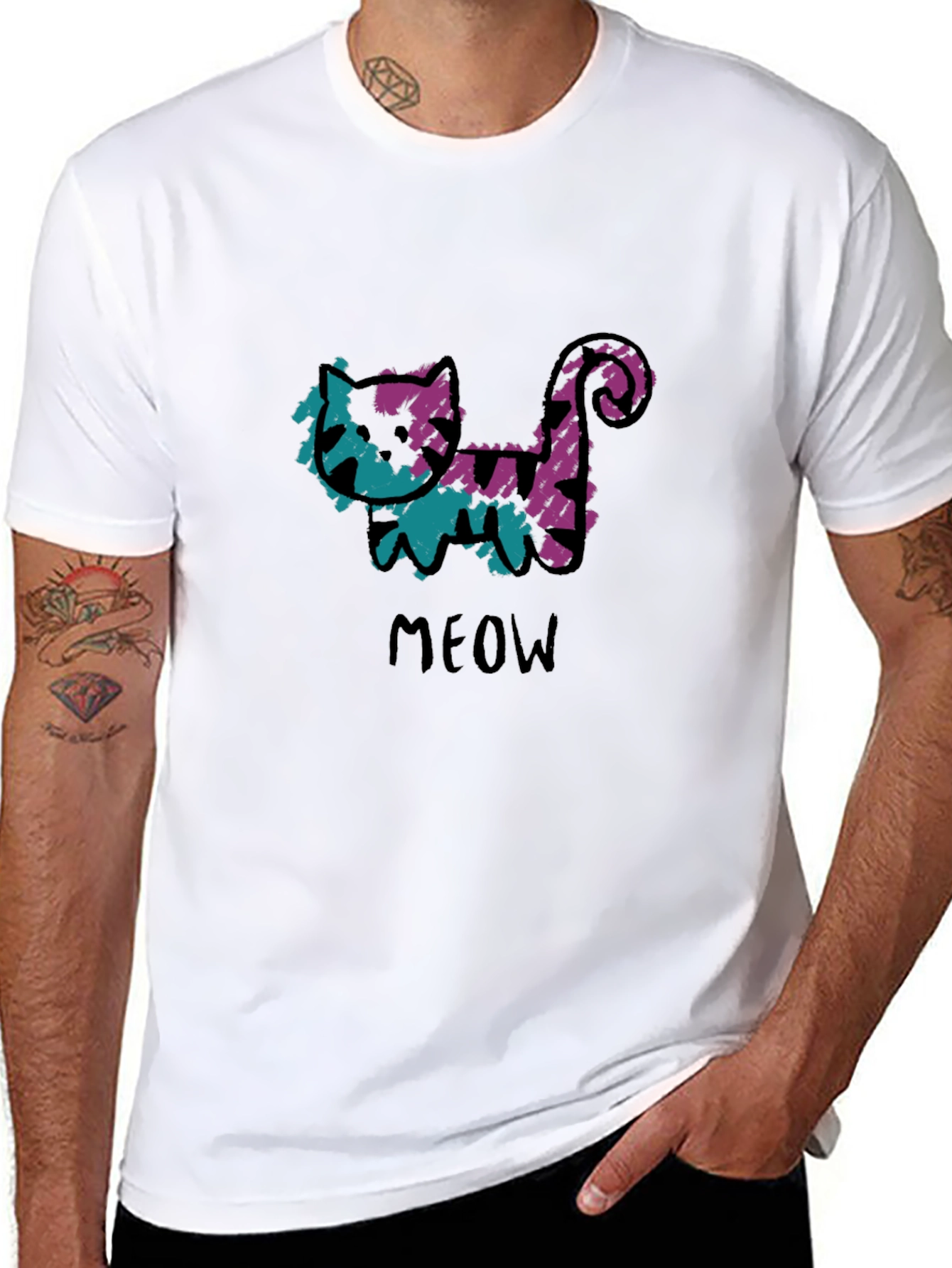 Whimsical Cat Meow Graphic Black T-Shirt