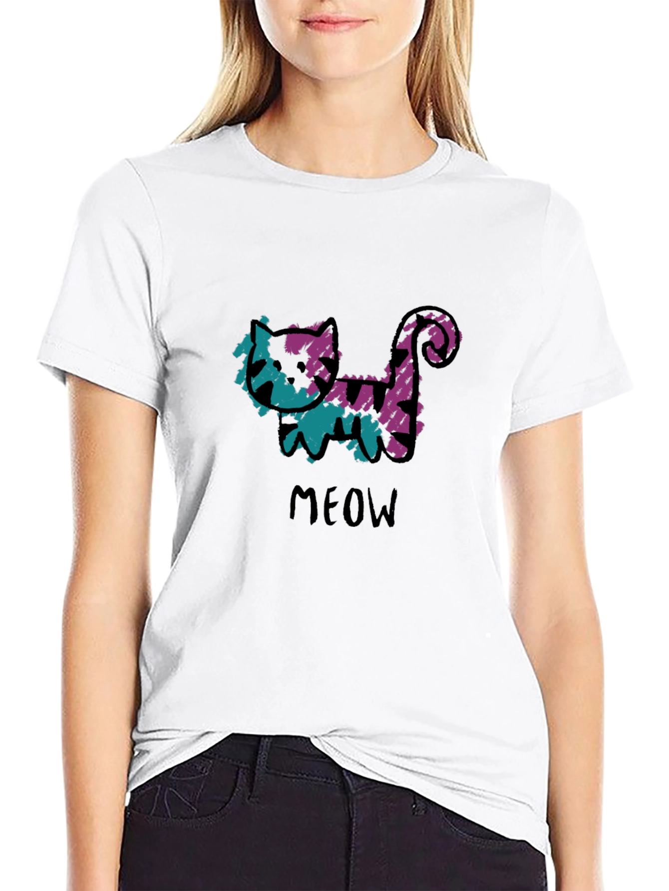 Whimsical Cat Meow Graphic Black T-Shirt