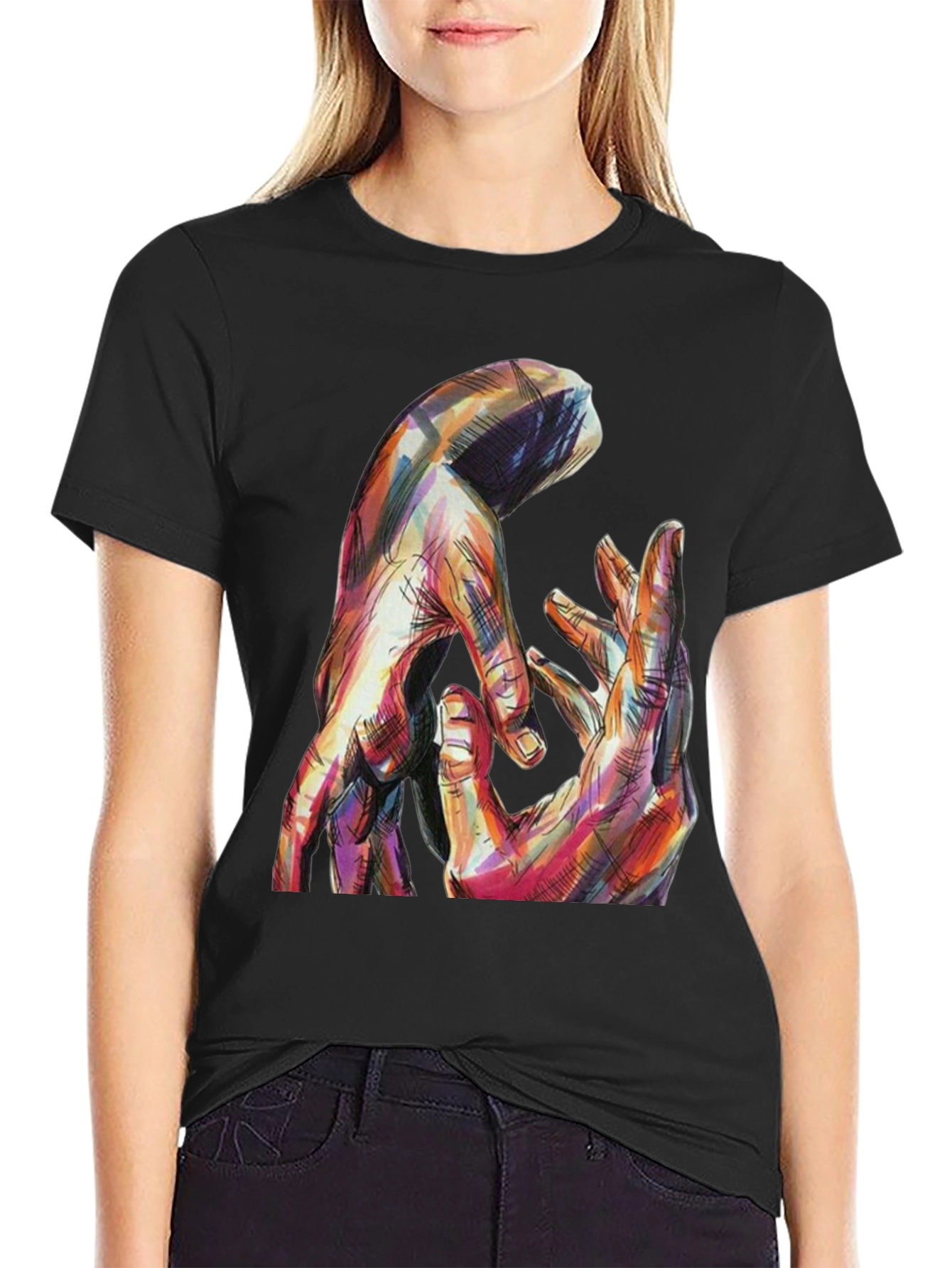 Abstract Hands Graphic Print Black T-Shirt