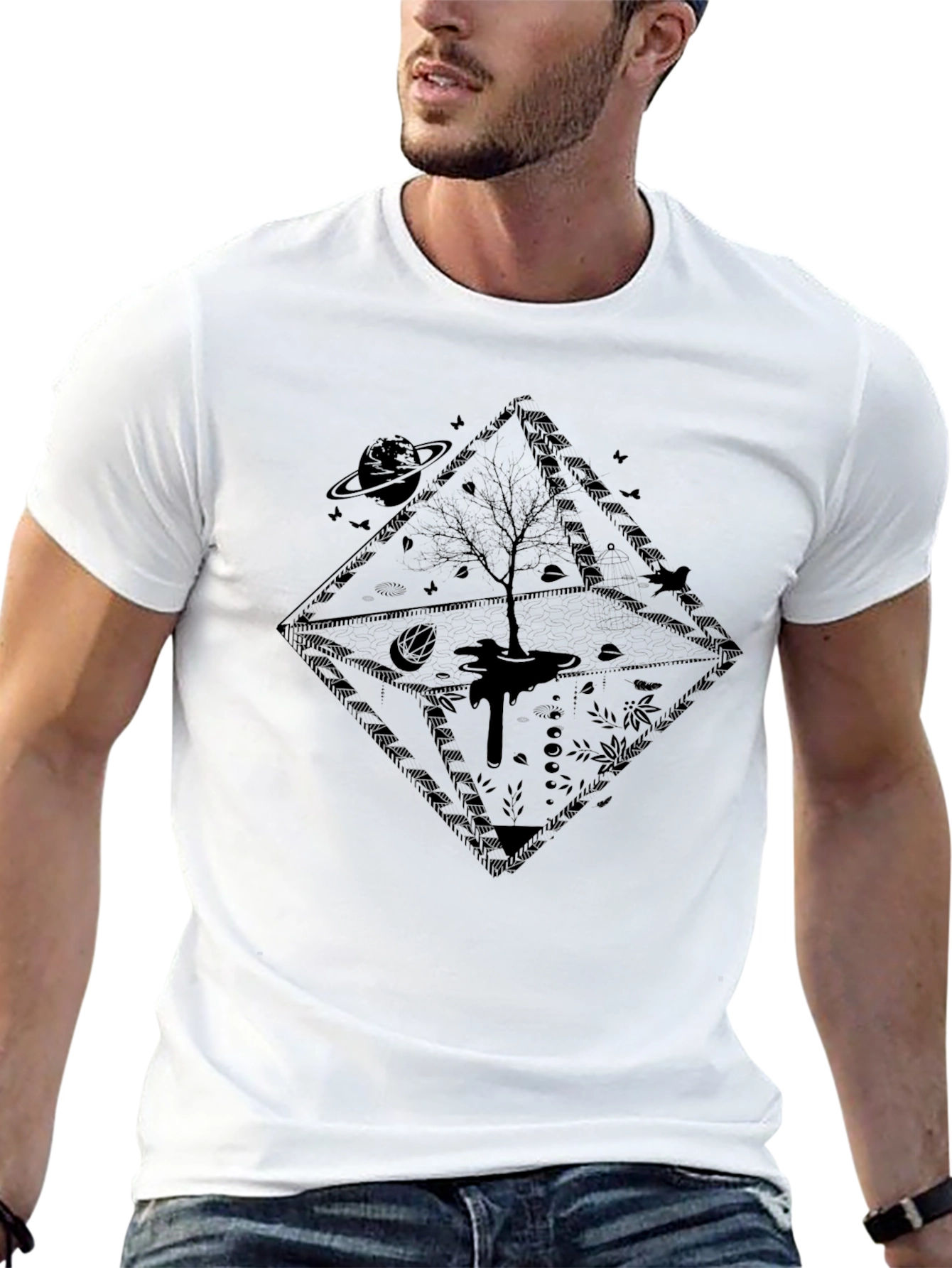 Mens Black Graphic Tee - Tree of Life Design