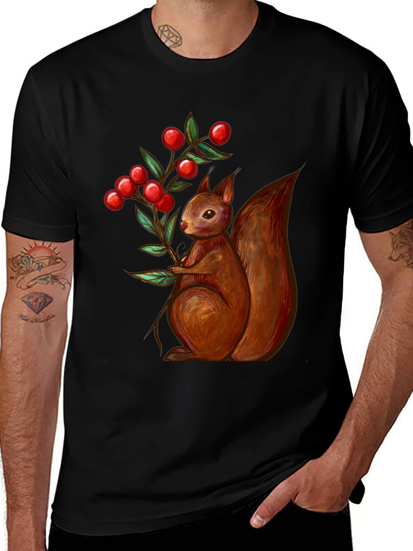Squirrel & Berries Graphic Tee - Stylish Mens T-Shirt