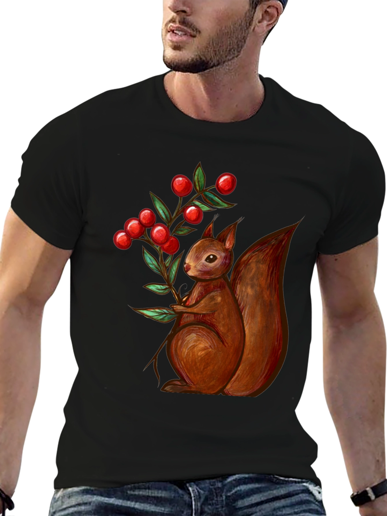 Squirrel & Berries Graphic Tee - Stylish Mens T-Shirt
