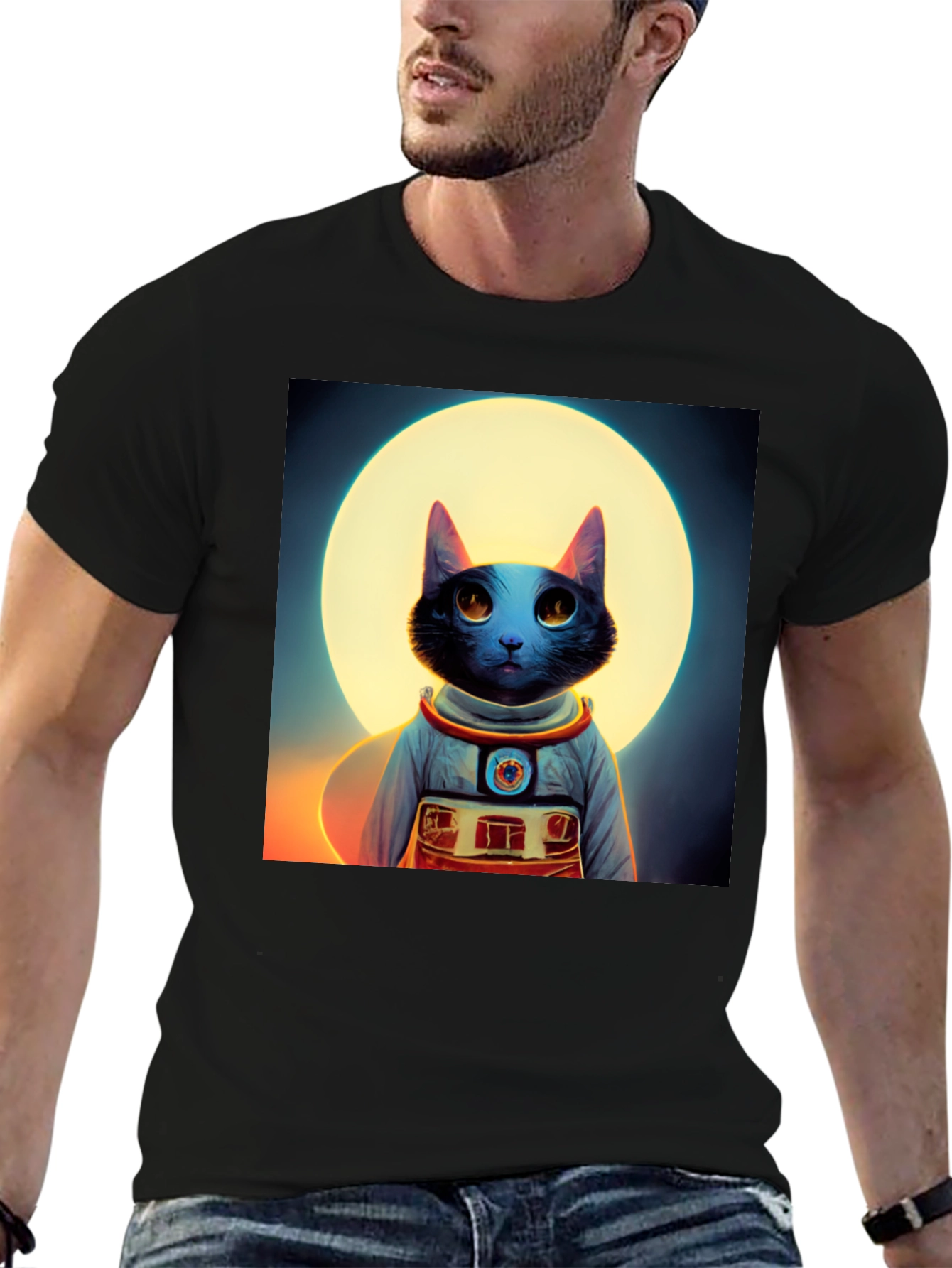 Astronaut Cat Graphic Tee - Black Cotton Blend Shirt