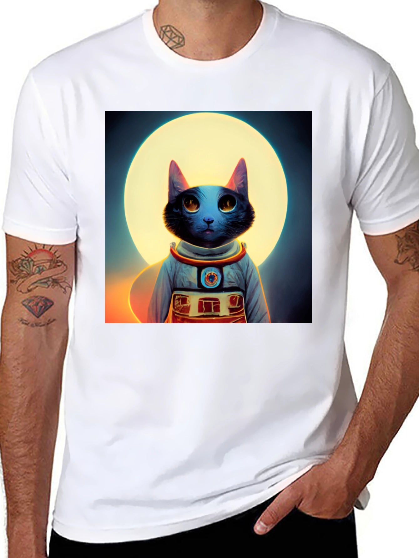Astronaut Cat Graphic Tee - Black Cotton Blend Shirt