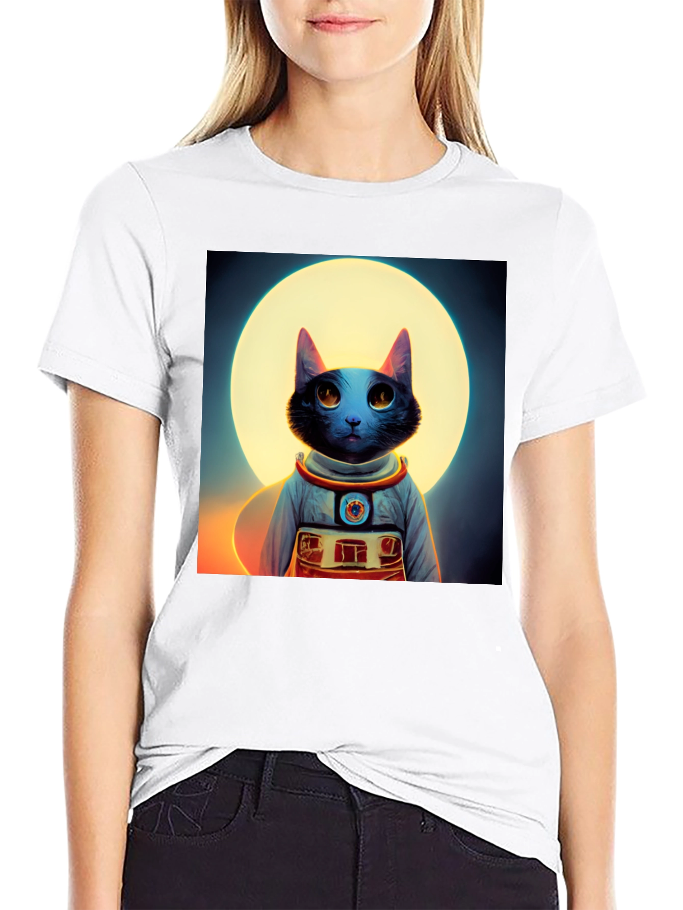 Astronaut Cat Graphic Tee - Black Cotton Blend Shirt
