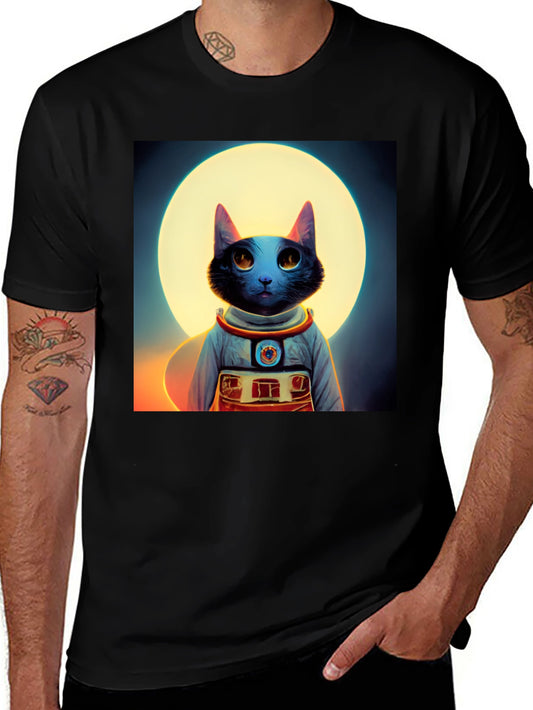 Astronaut Cat Graphic Tee - Black Cotton Blend Shirt