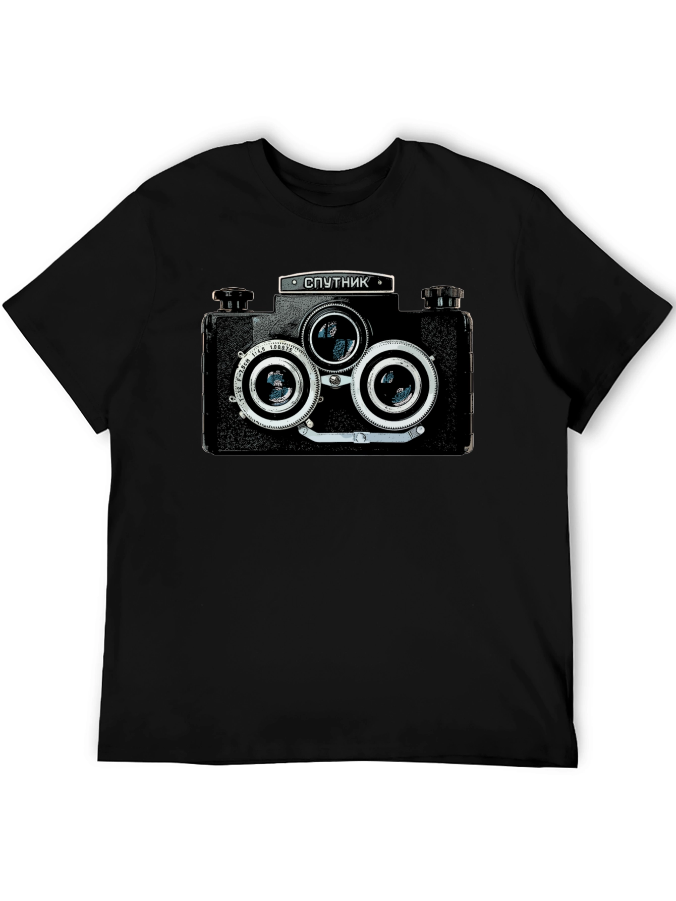 Retro Sputnik Camera Graphic Black T-Shirt