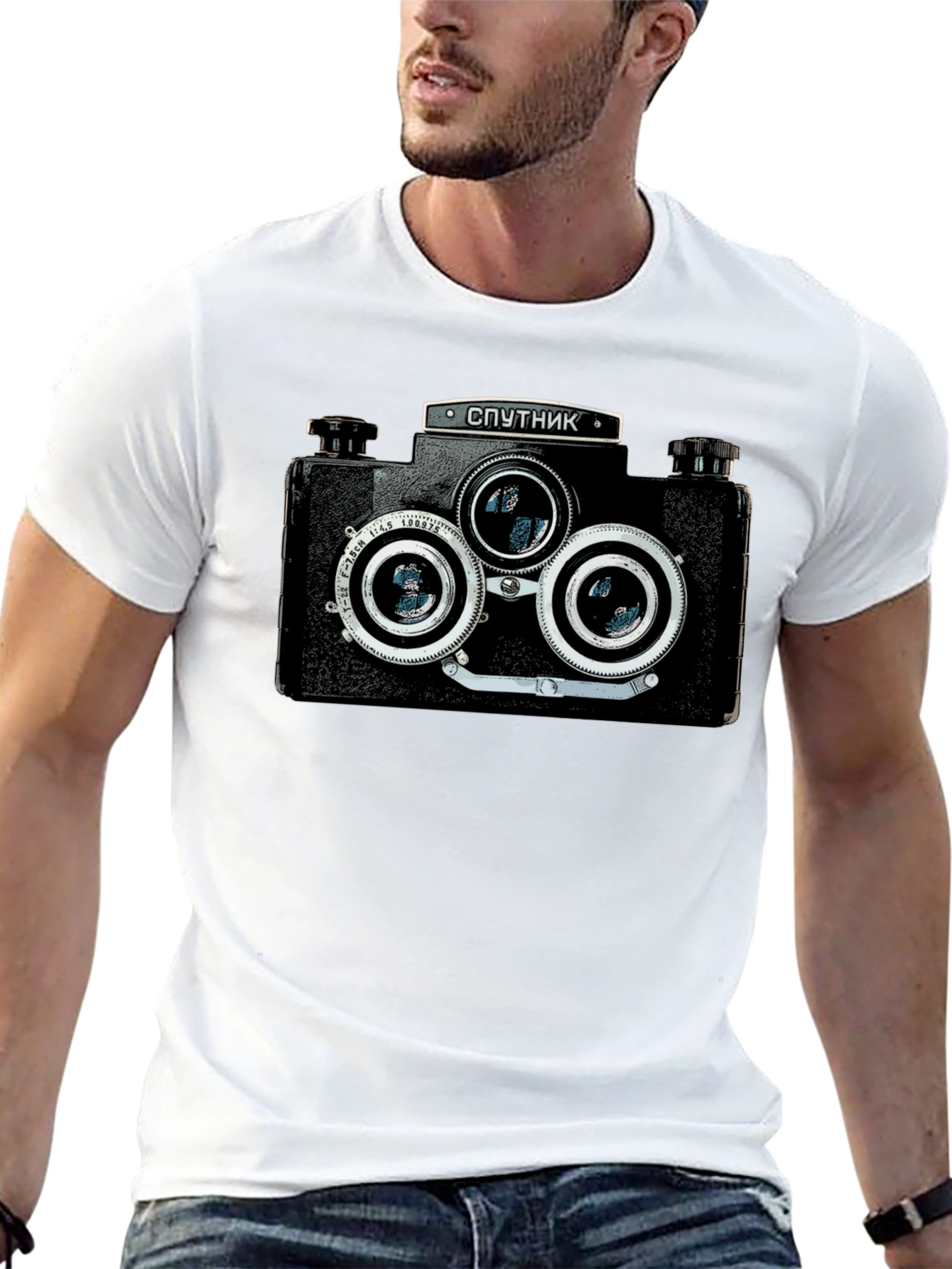 Retro Sputnik Camera Graphic Black T-Shirt