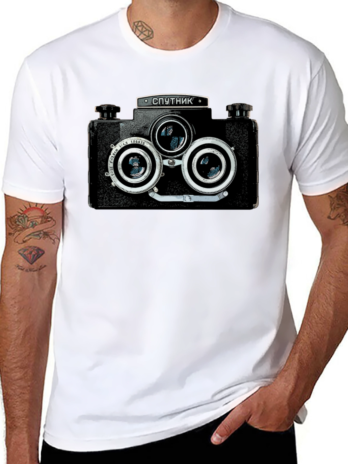 Retro Sputnik Camera Graphic Black T-Shirt