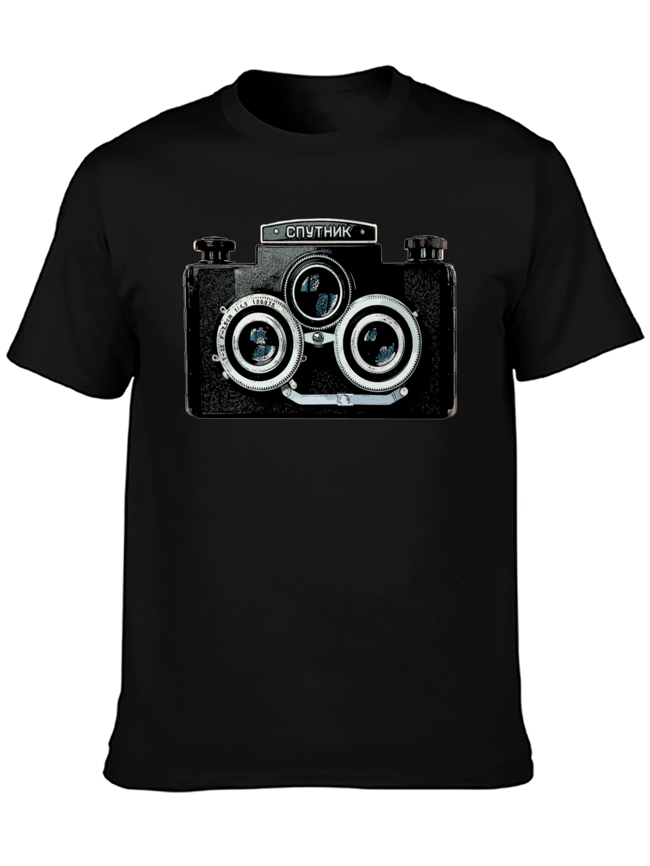 Retro Sputnik Camera Graphic Black T-Shirt