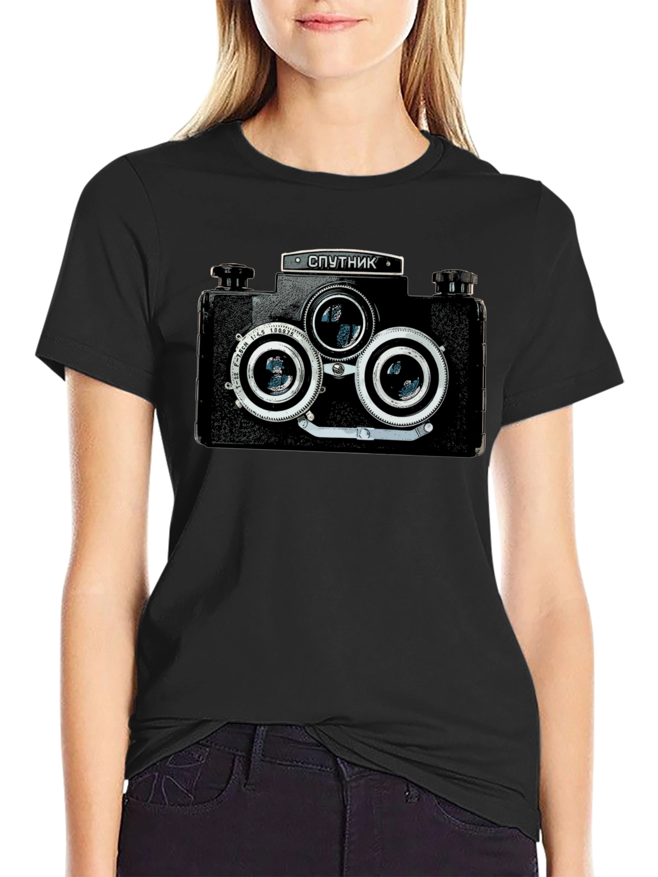 Retro Sputnik Camera Graphic Black T-Shirt