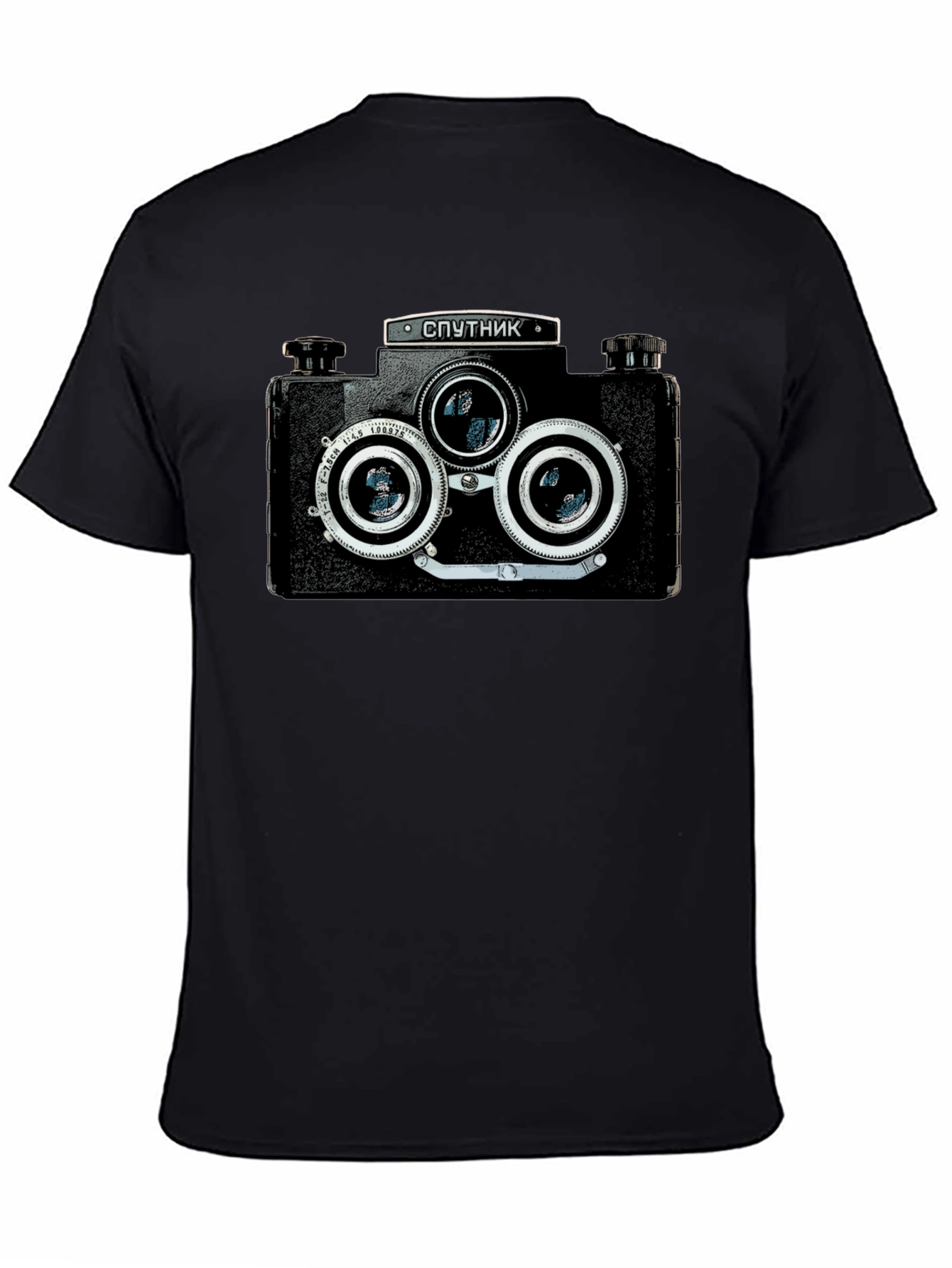 Retro Sputnik Camera Graphic Black T-Shirt