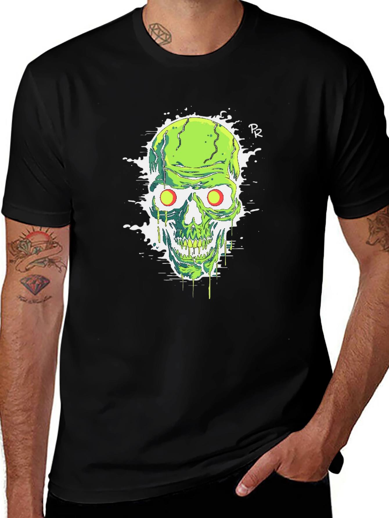 Green Skull Graphic Tee - Mens Black T-Shirt