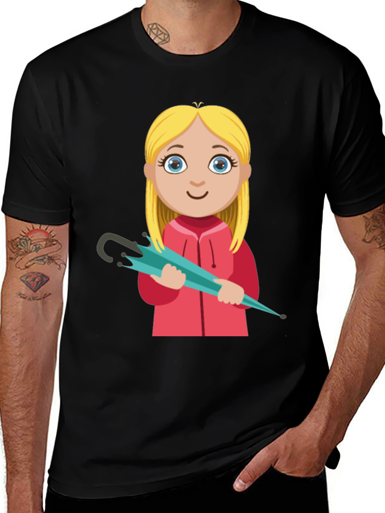 Cartoon Girl with Umbrella Black T-Shirt