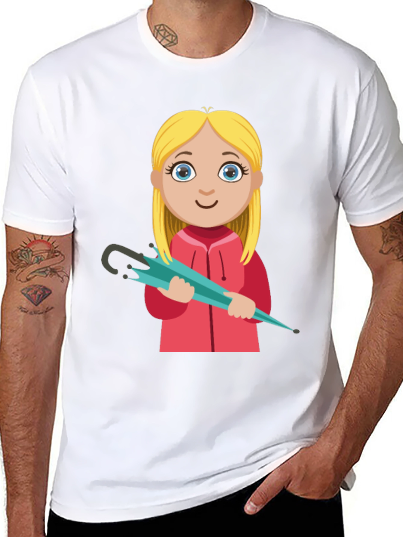 Cartoon Girl with Umbrella Black T-Shirt