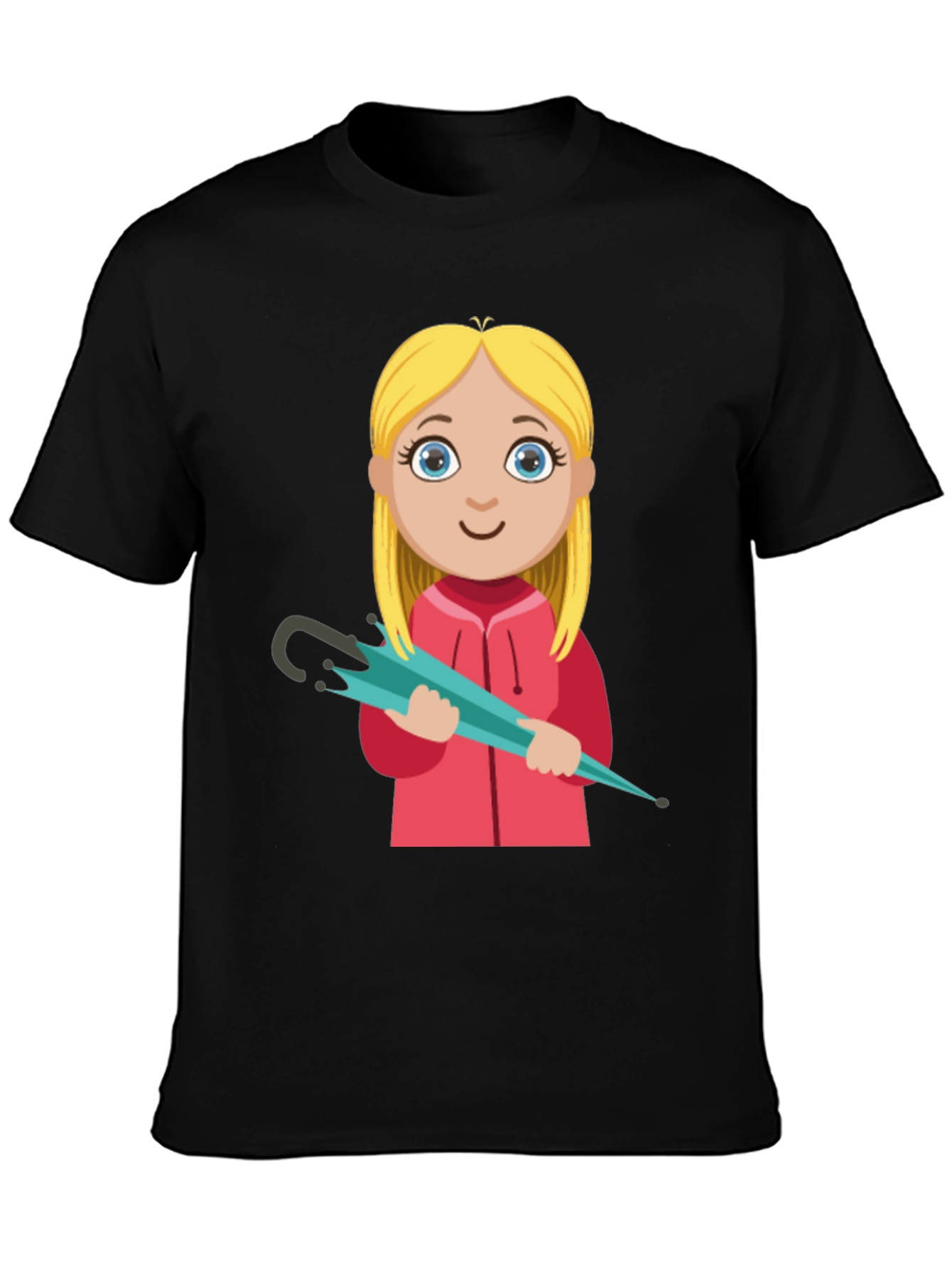 Cartoon Girl with Umbrella Black T-Shirt