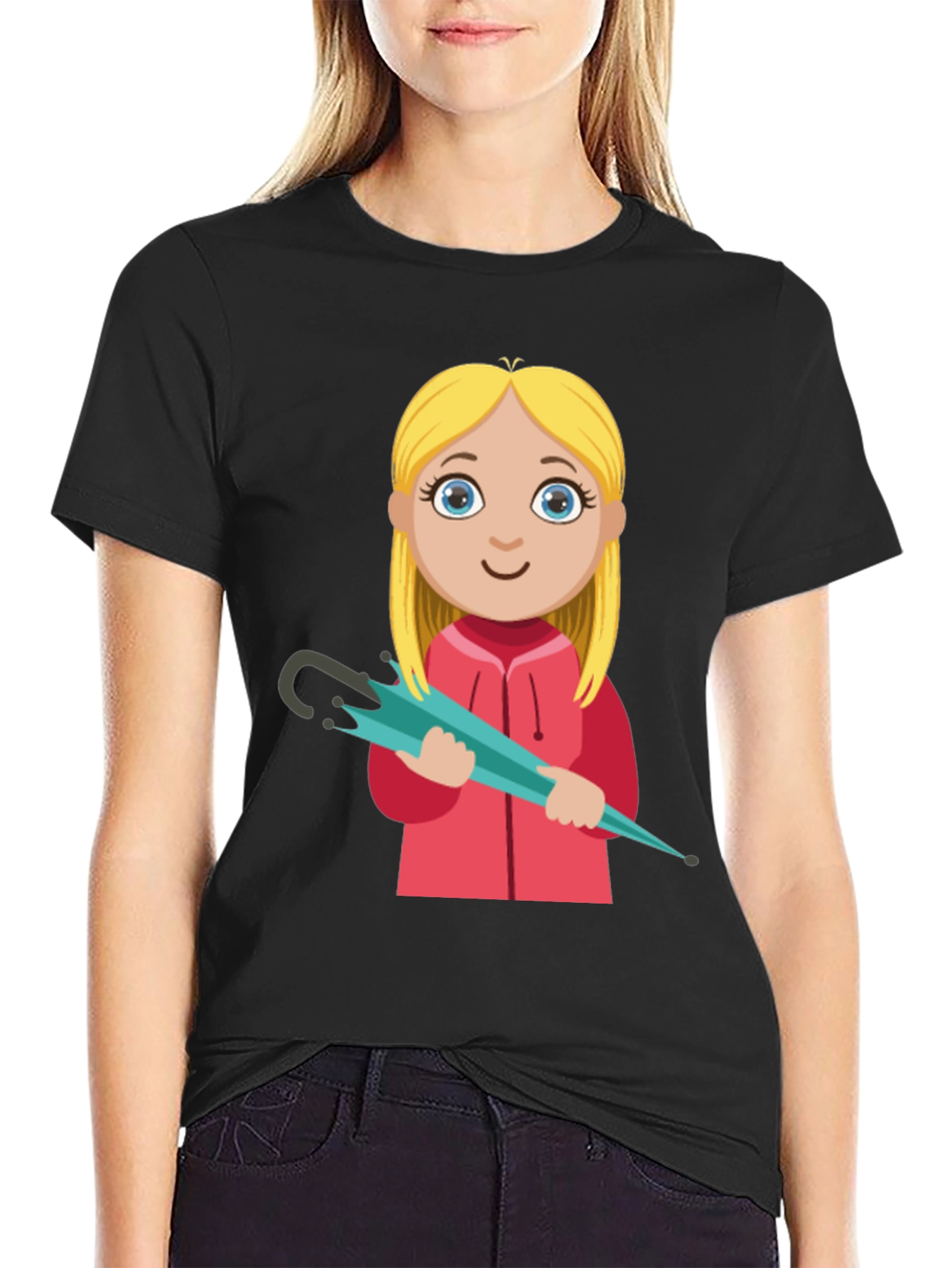 Cartoon Girl with Umbrella Black T-Shirt
